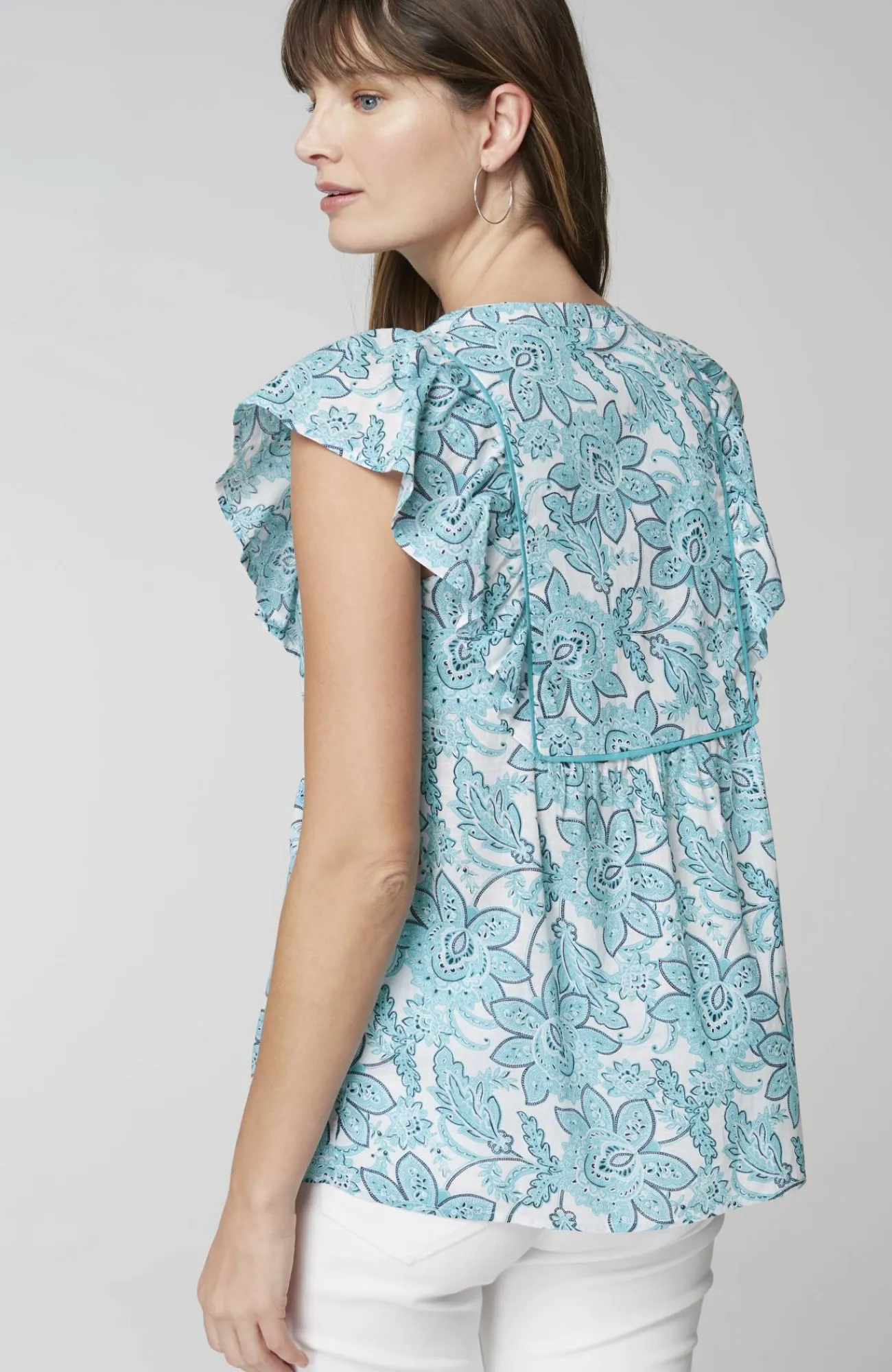 J.Jill Piping-Trim Ruffle-Sleeve Top Light Mediterranean Etched Sarassa Best