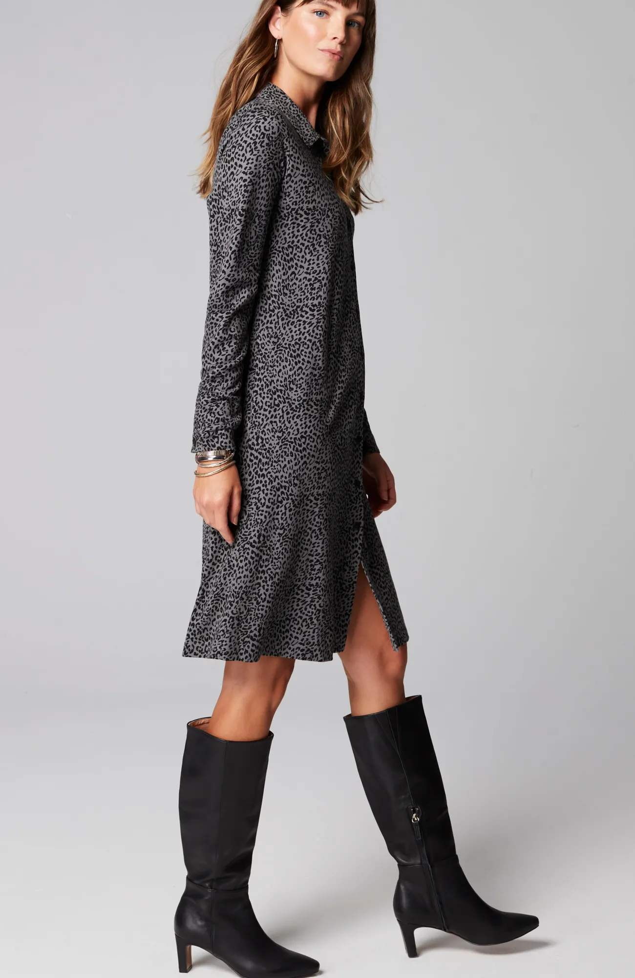 J.Jill Ponte Knit Shirtdress Pewter Elegant Leopard Best