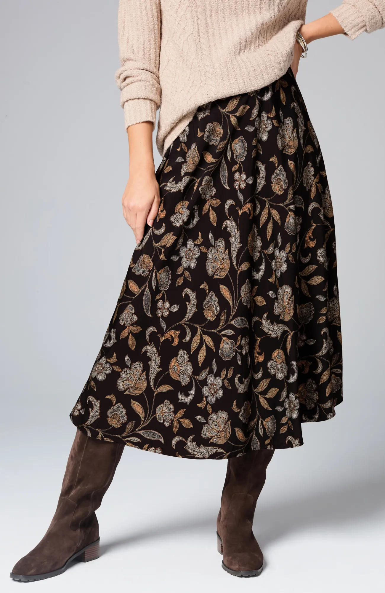 J.Jill Printed A-Line Midi Skirt Black Sequin Jacobean Cheap