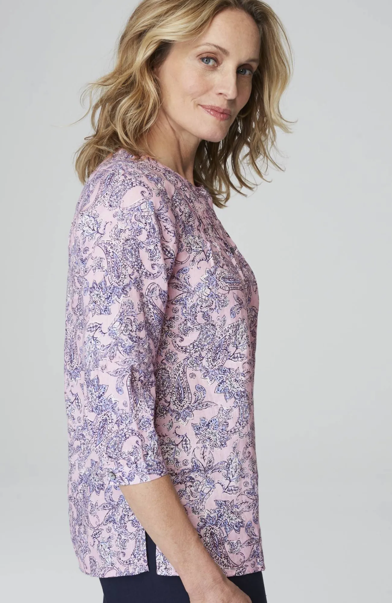 J.Jill Printed Linen Pintucked Popover Misty Lilac Jacobean Paisley Shop