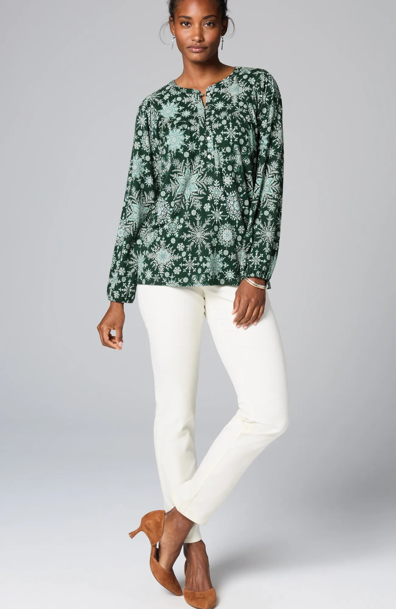 J.Jill Printed Peasant Top Emerald Mosaic Snowfall Fashion