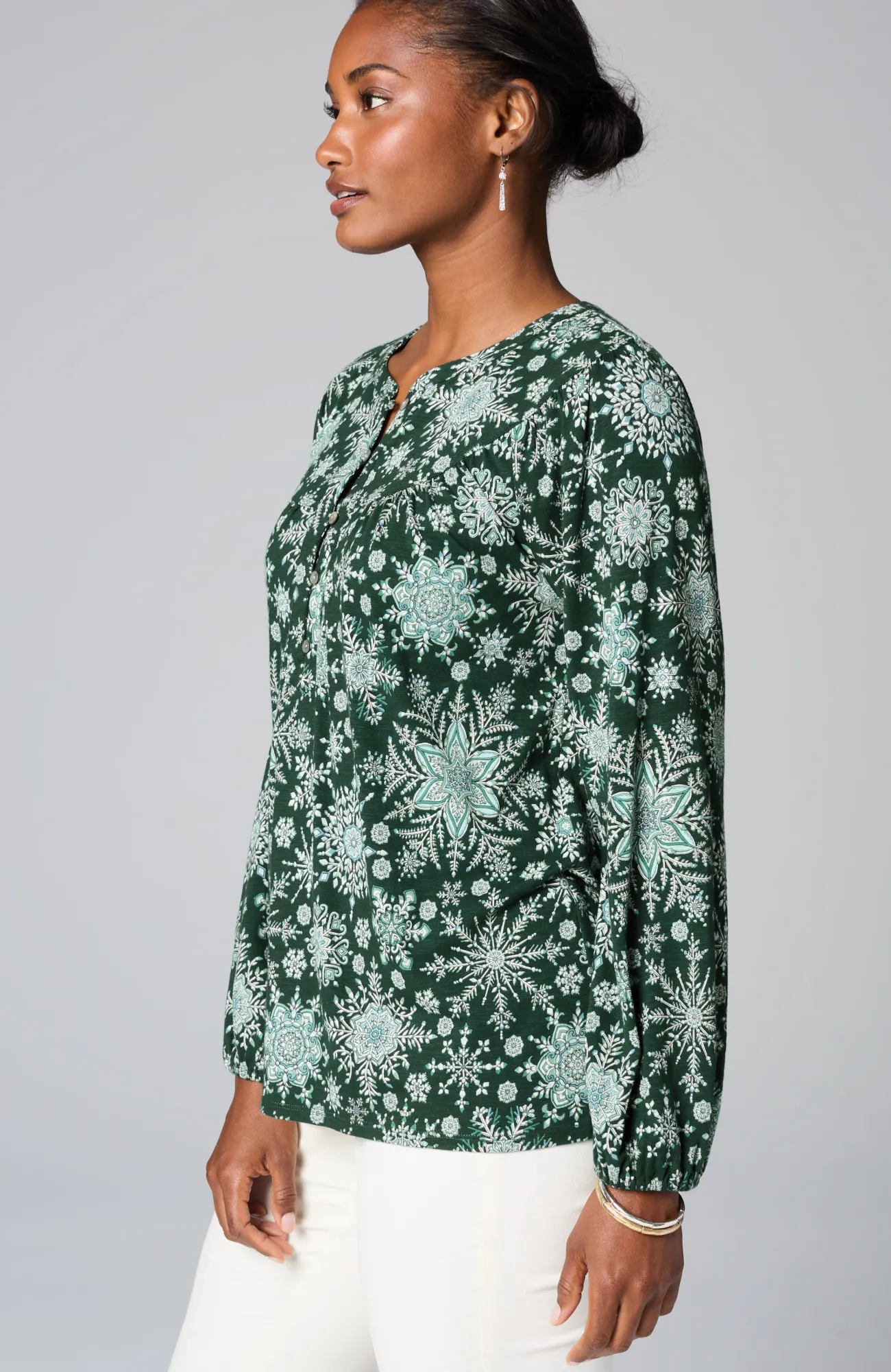 J.Jill Printed Peasant Top Emerald Mosaic Snowfall Fashion