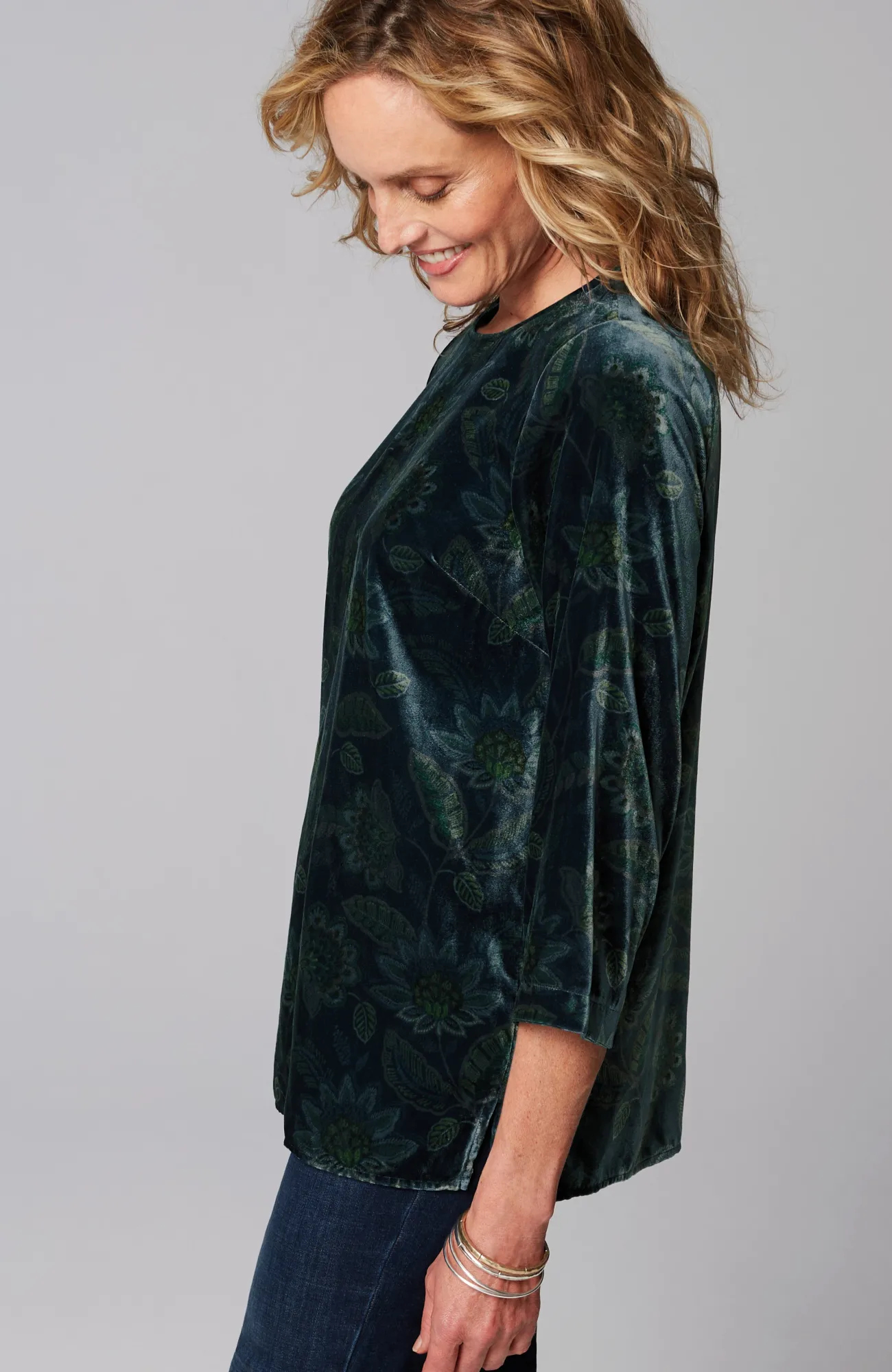 J.Jill Printed-Velvet Top Peacock Blue Intricate Floral Hot