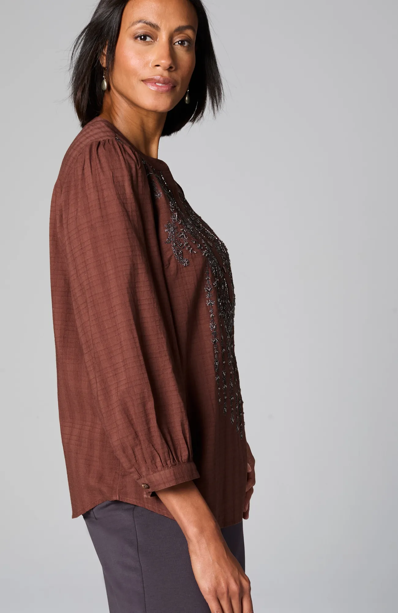 J.Jill Pure Jill Beaded & Embroidered Top Dark Rust Multi Best Sale