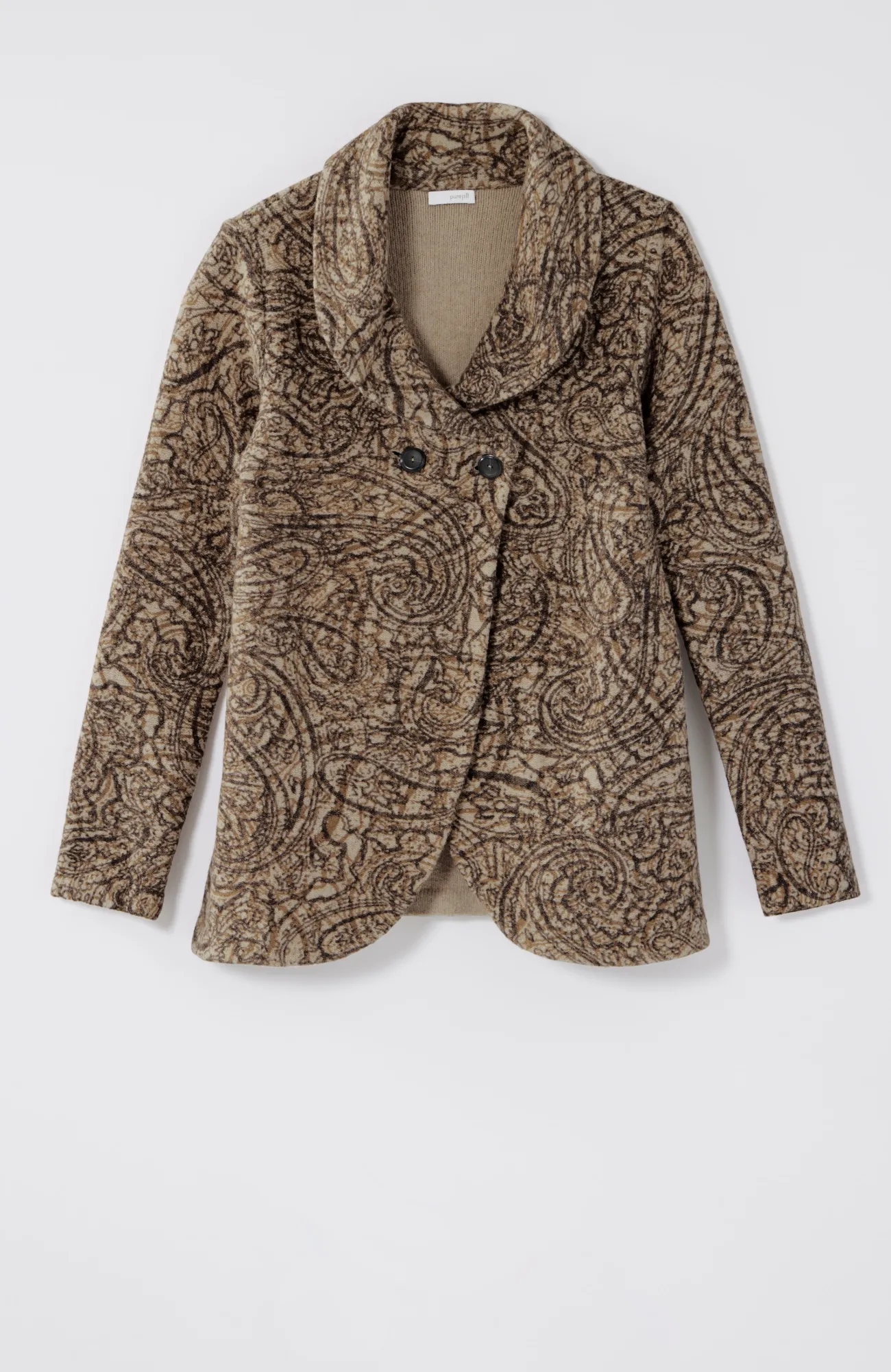 J.Jill Pure Jill Curved-Front Printed Cardi Light Mocha Textured Paisley Shop