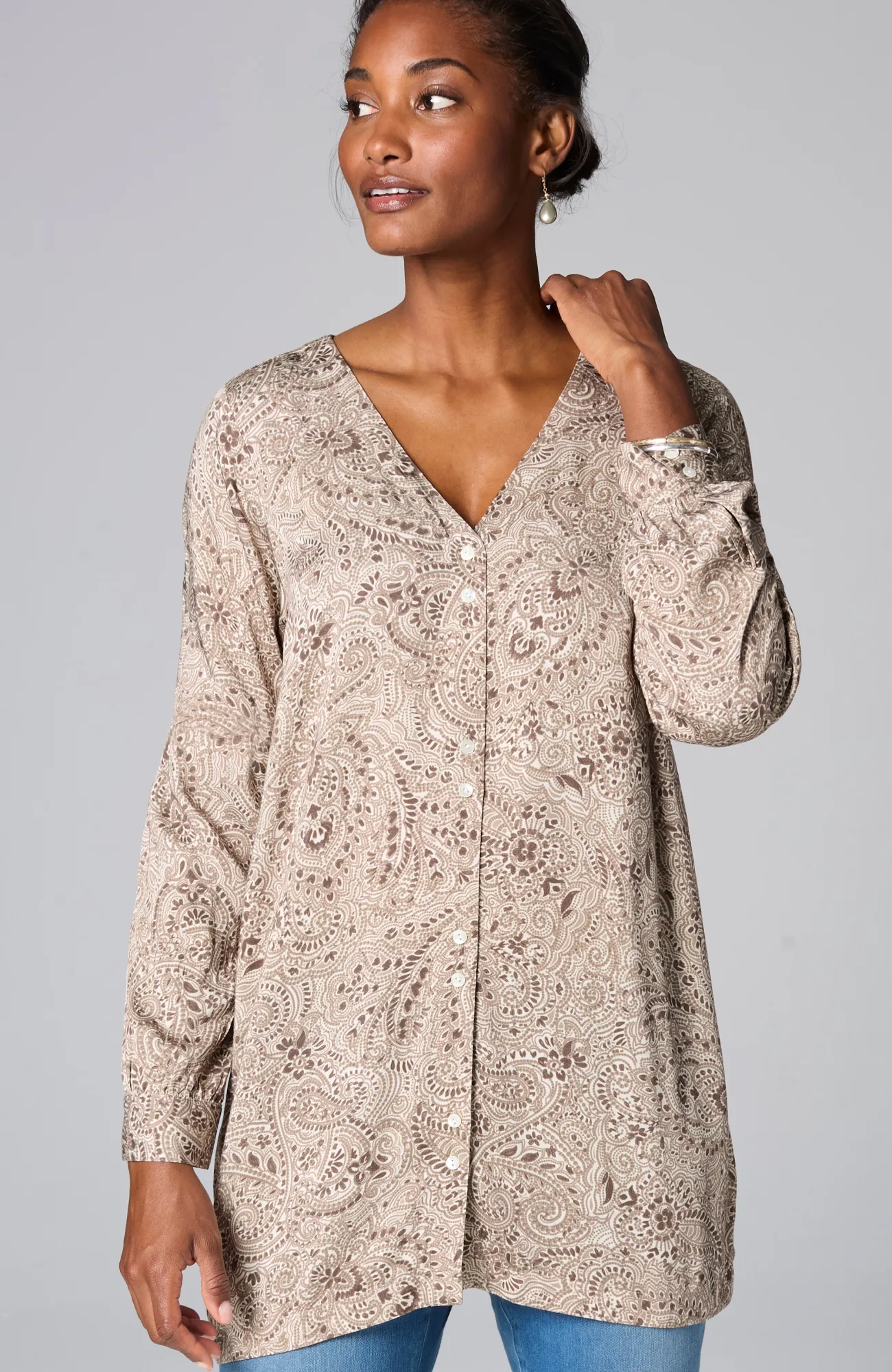 J.Jill Pure Jill Double-Button Tunic Light Mocha Paisley Mosaic Flash Sale