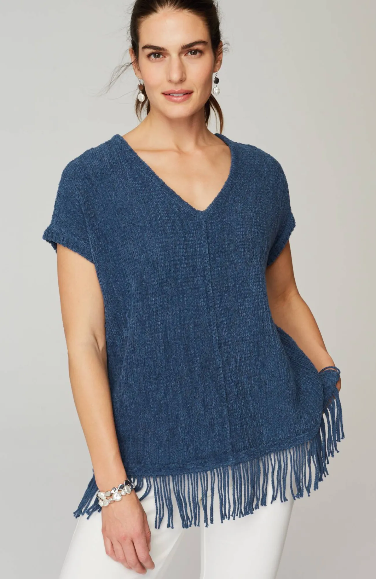 J.Jill Pure Jill Fringed-Hem V-Neck Sweater Indigo Blue Best Sale
