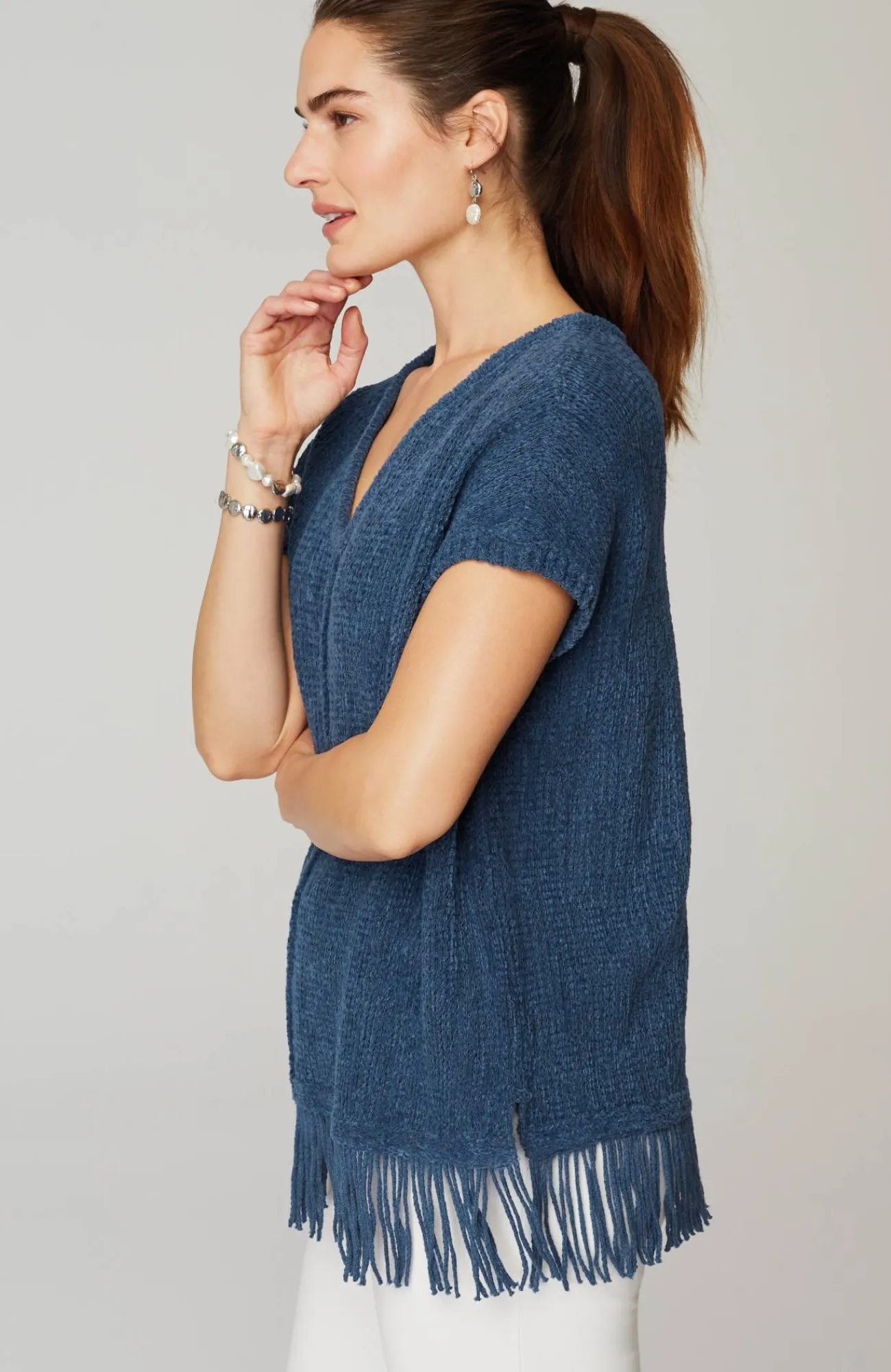 J.Jill Pure Jill Fringed-Hem V-Neck Sweater Indigo Blue Best Sale