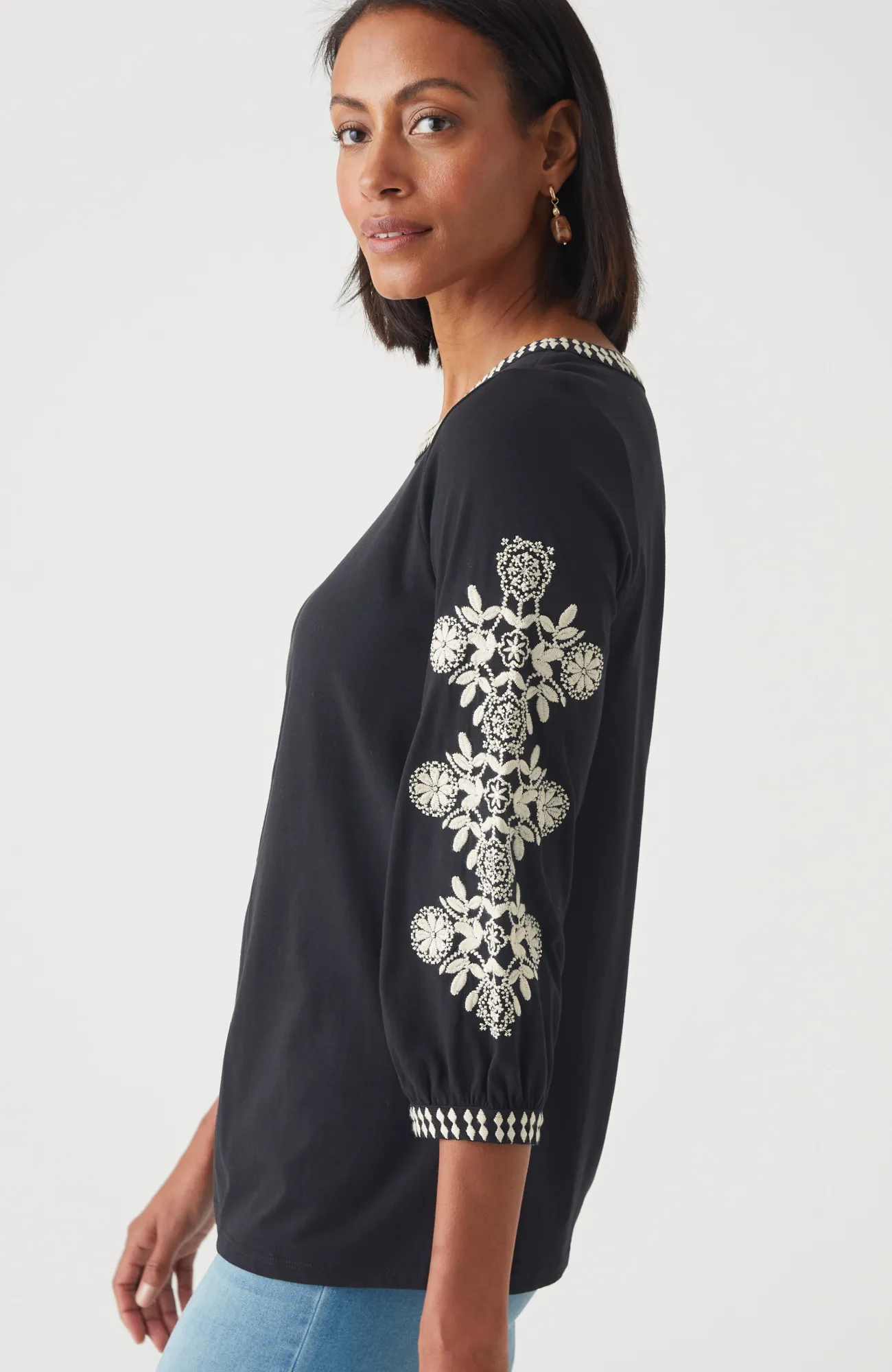 J.Jill Pure Jill Organically Grown Cotton Embroidered Top Black/cream Shop