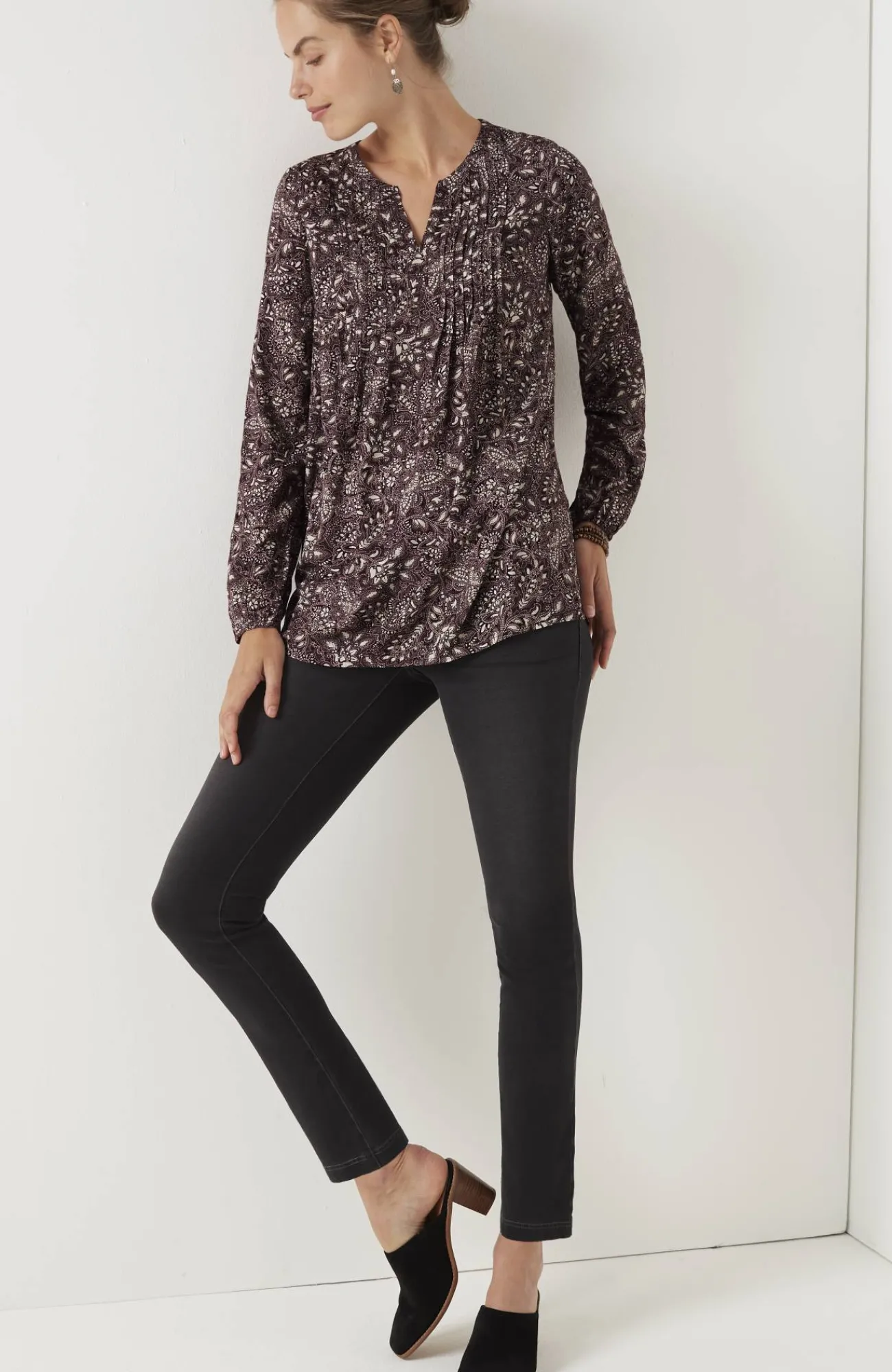 J.Jill Pure Jill Pintucked Blouse Pinot Mosaic Floral Best Sale