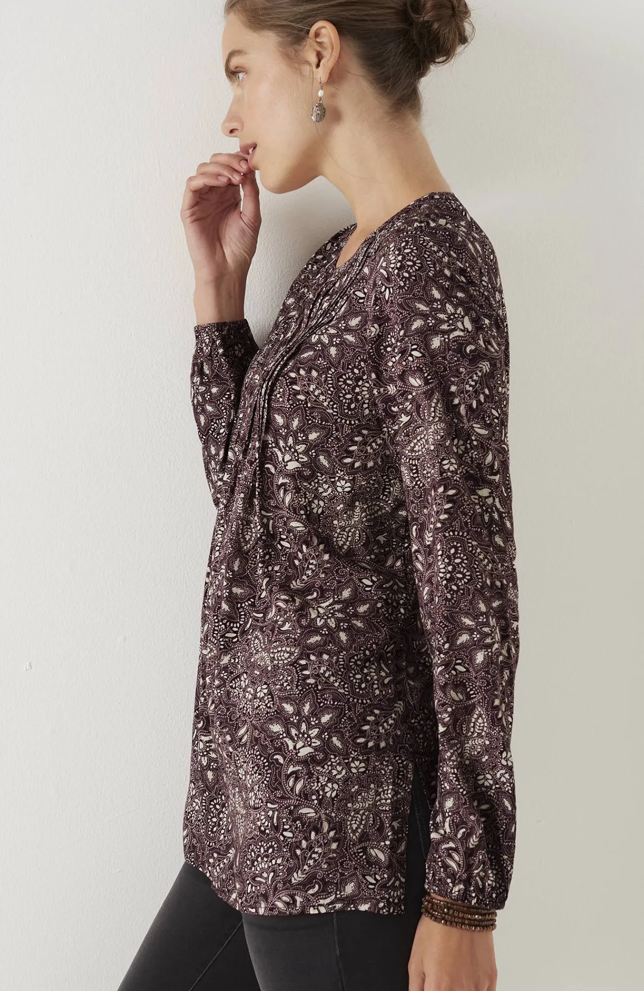 J.Jill Pure Jill Pintucked Blouse Pinot Mosaic Floral Best Sale