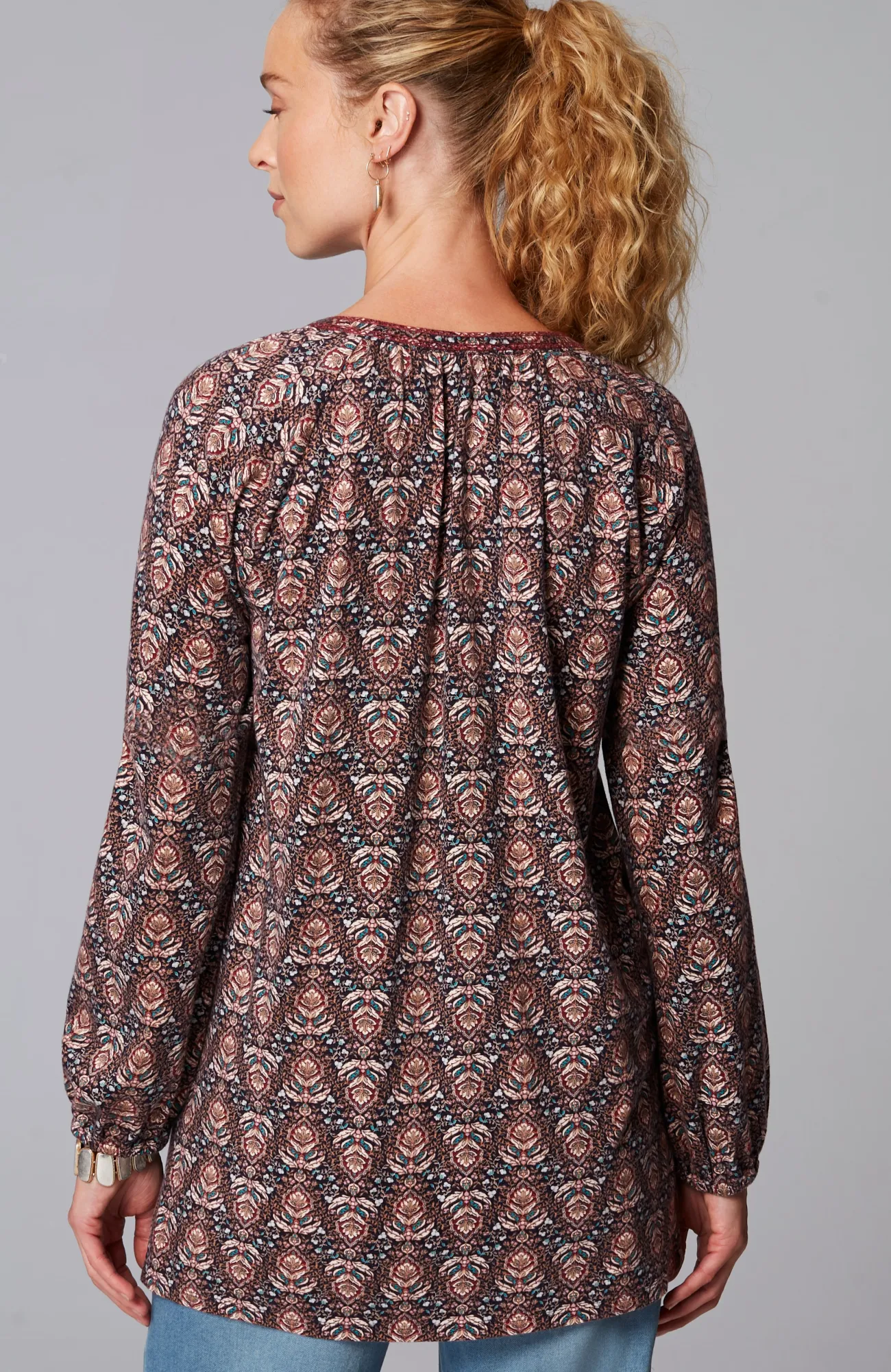 J.Jill Pure Jill Printed & Embroidered Knit Tunic Navy Blue Ornate Trellis Cheap