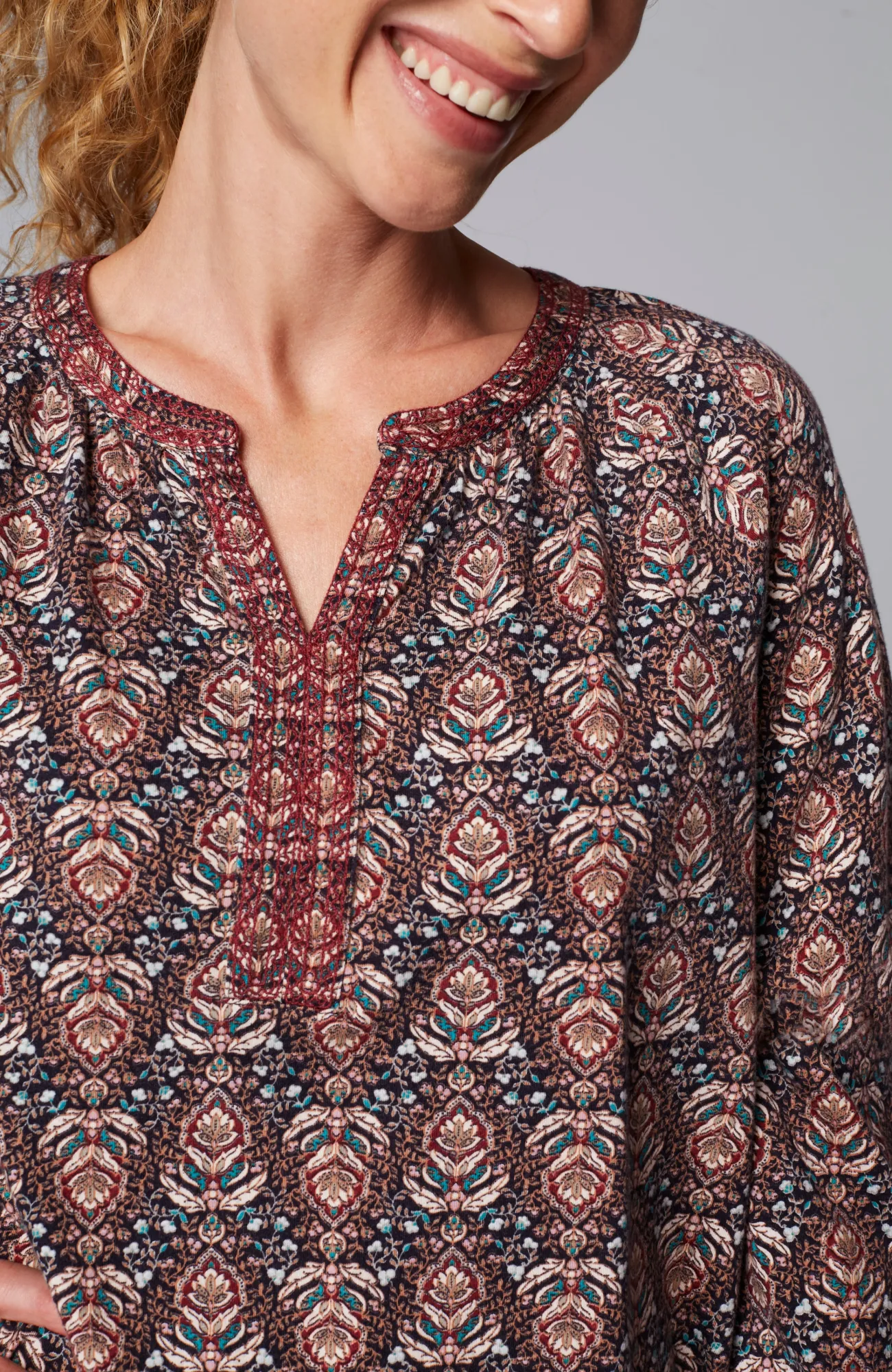J.Jill Pure Jill Printed & Embroidered Knit Tunic Navy Blue Ornate Trellis Cheap