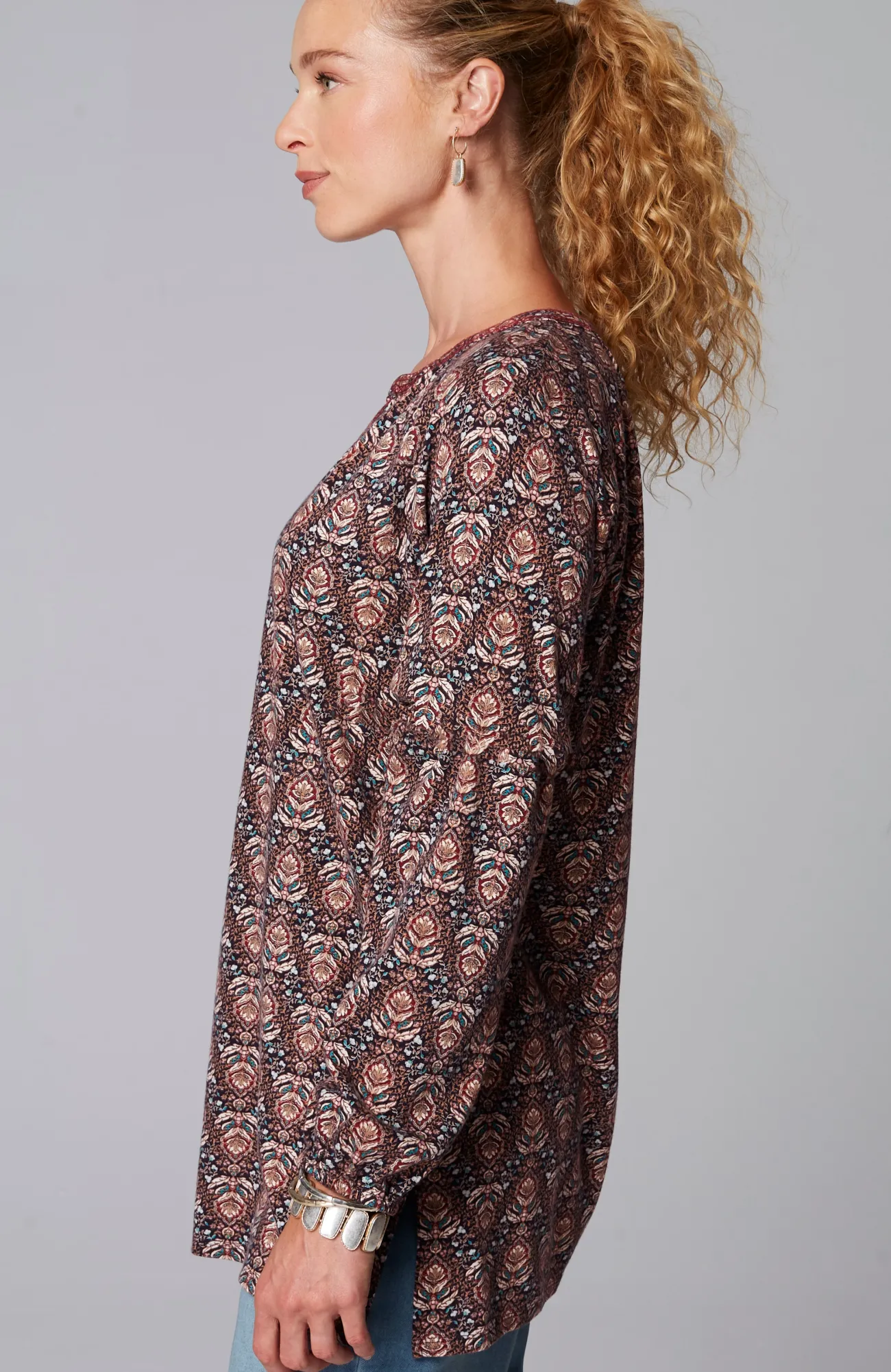 J.Jill Pure Jill Printed & Embroidered Knit Tunic Navy Blue Ornate Trellis Cheap