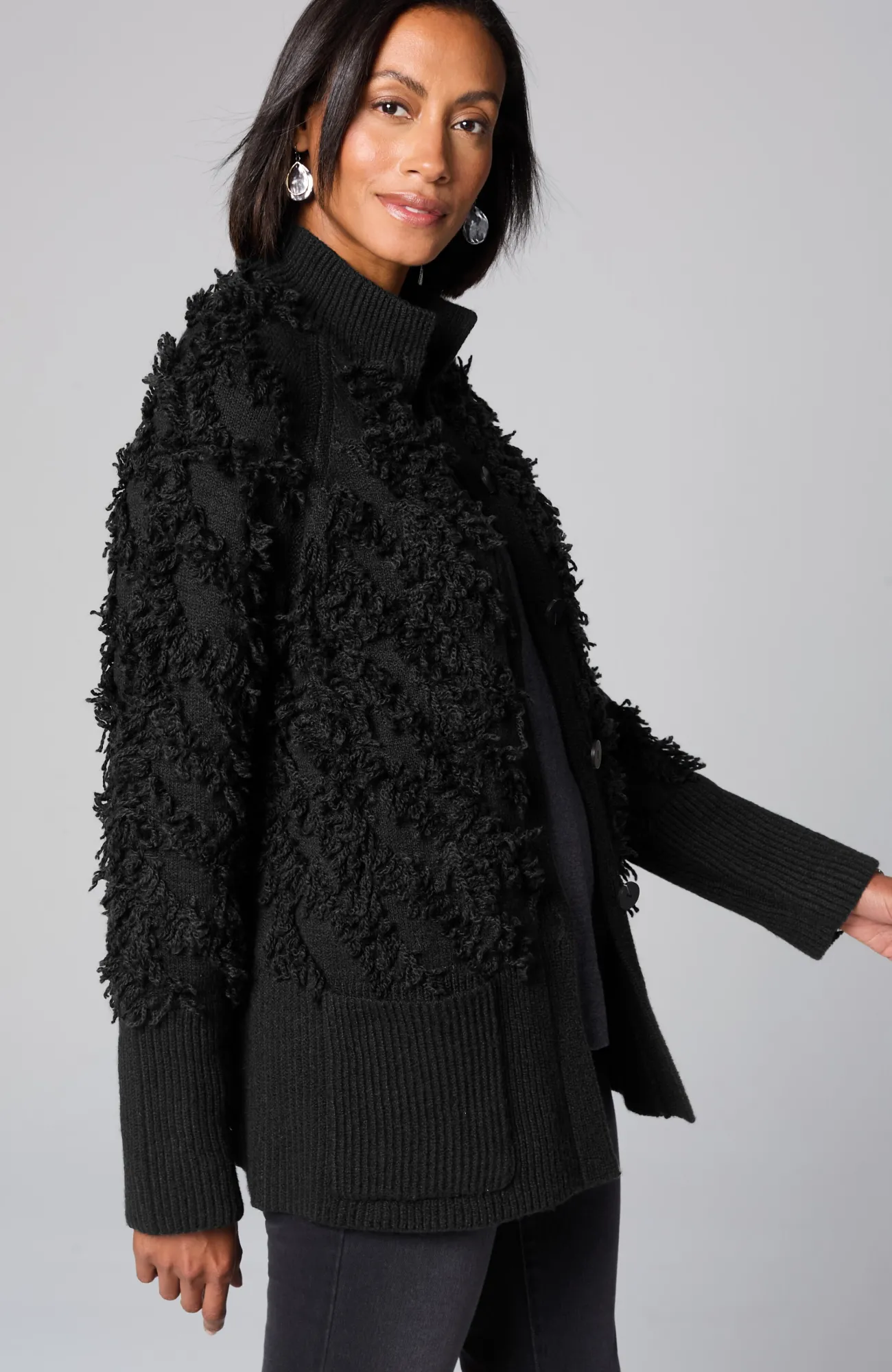 J.Jill Pure Jill Textured Fringe Cardi Black Flash Sale