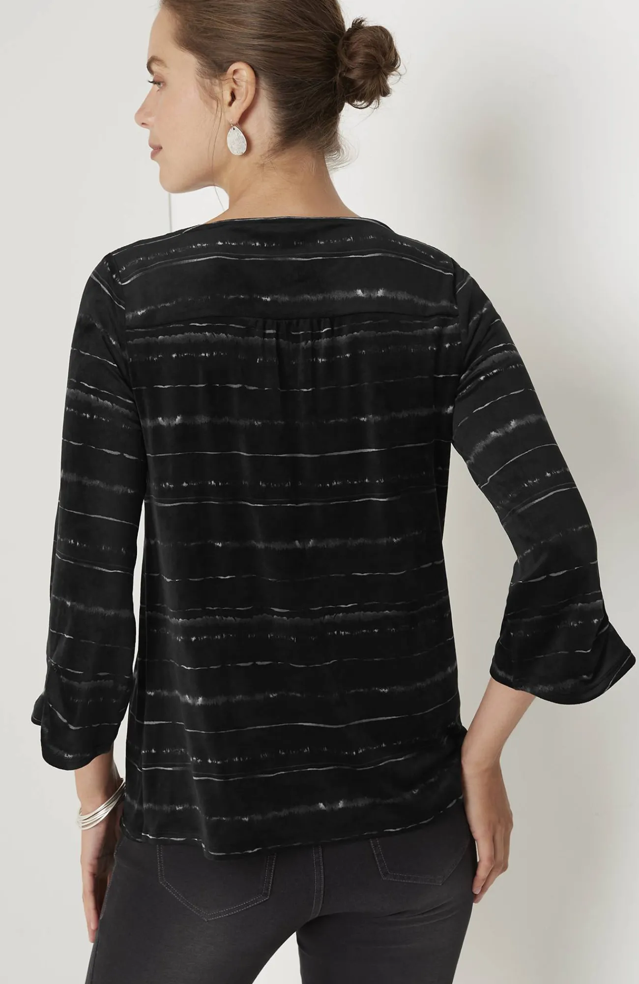 J.Jill Pure Jill Velour Pleated-Sleeve Top Black Tonal Painterly Stripe Store