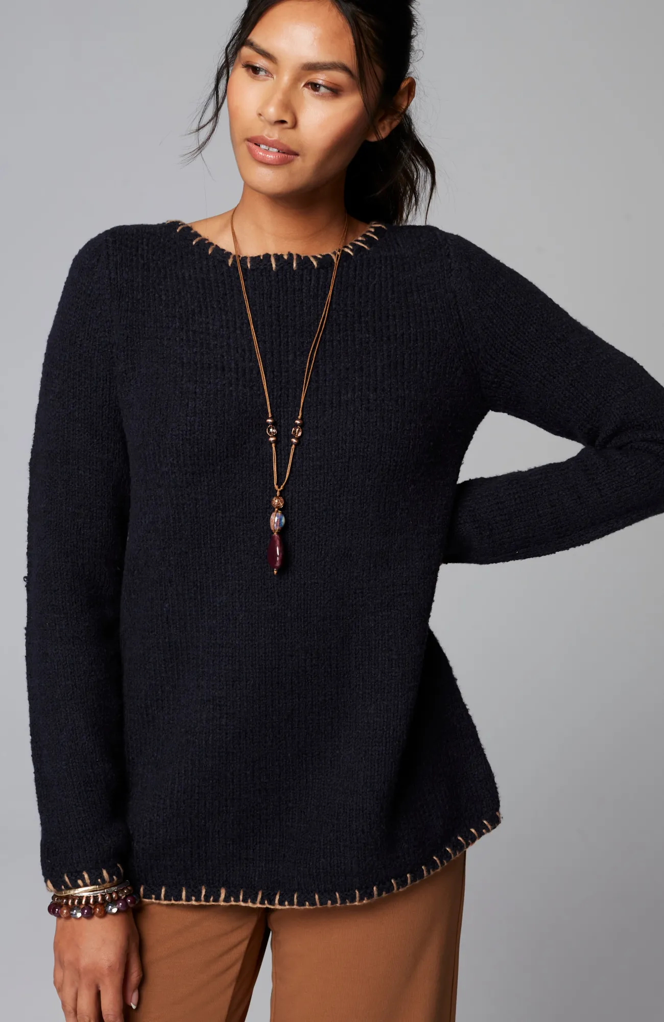 J.Jill Pure Jill Whipstitch-Trimmed Pullover Sweater Rose Blush Multi Outlet