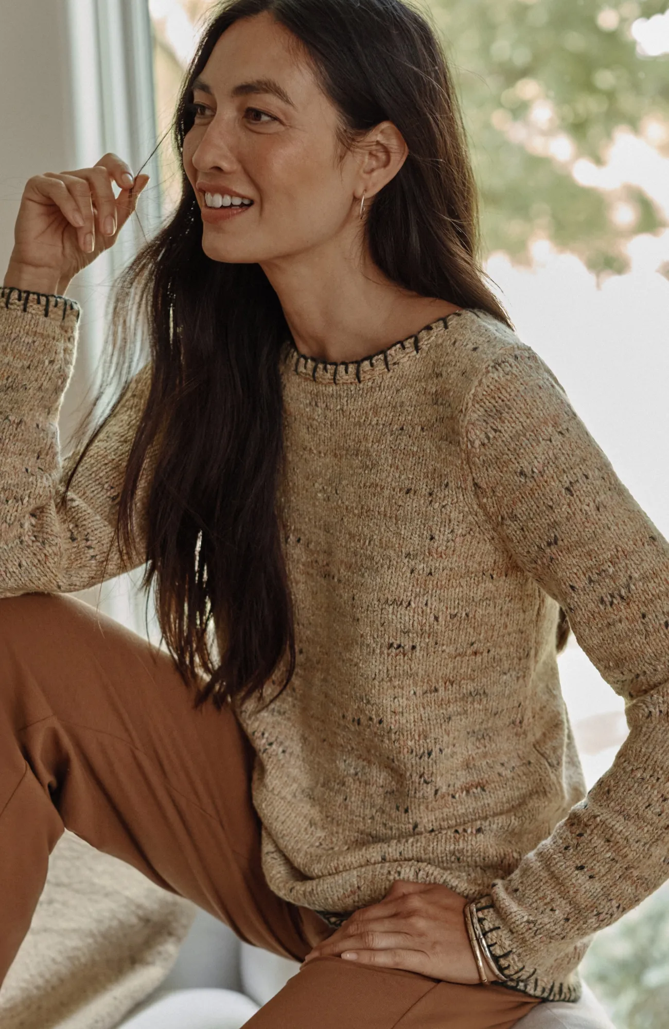 J.Jill Pure Jill Whipstitch-Trimmed Pullover Sweater Rose Blush Multi Outlet