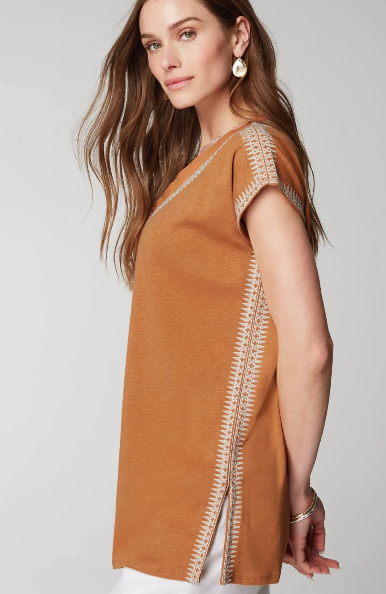 J.Jill Pure Jill Woven-Trim Embroidered Tunic Sweet Tea/cream Clearance