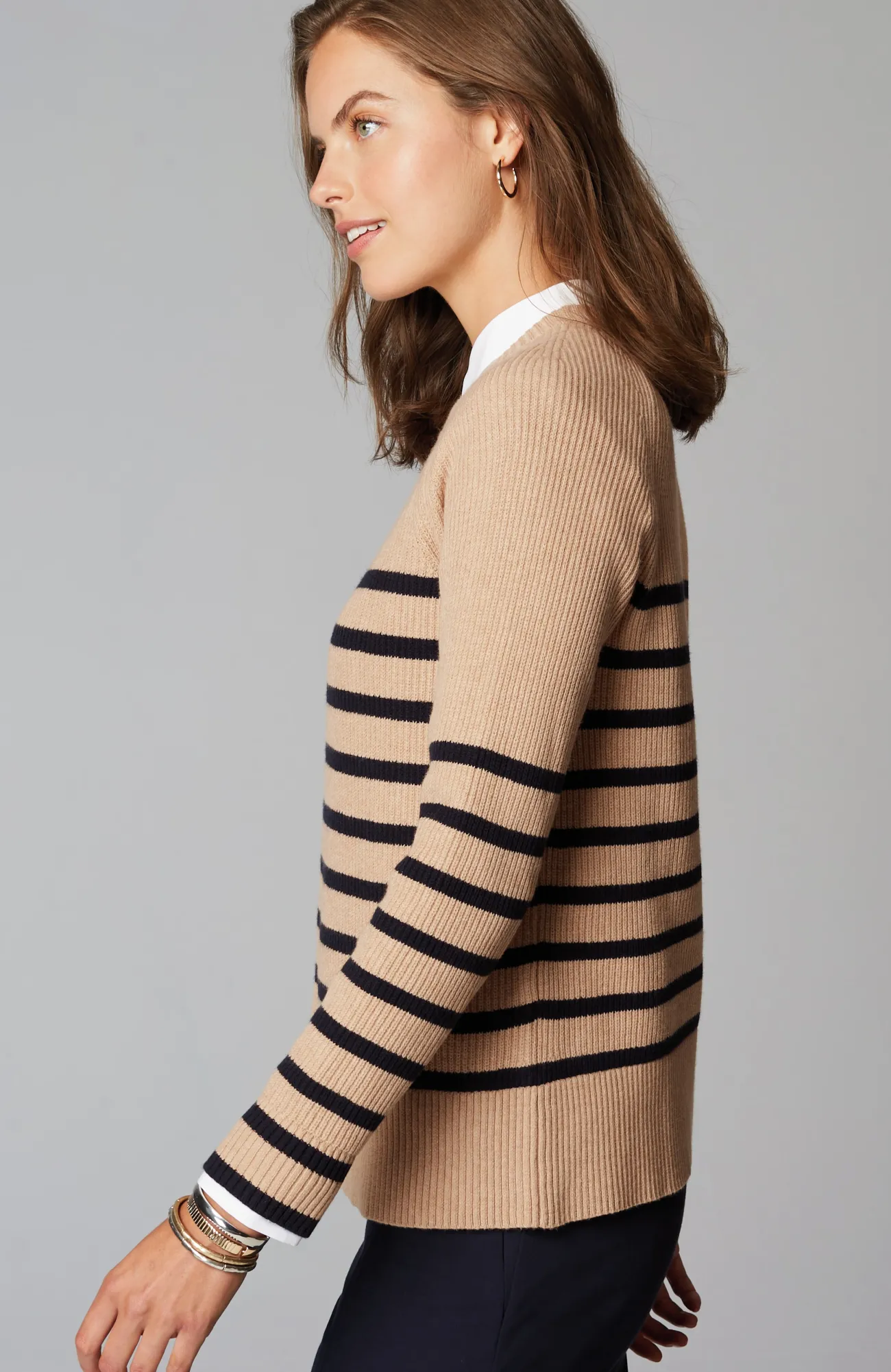 J.Jill Ribbed Stripe Sweater Caramel Heather/navy Blue Online