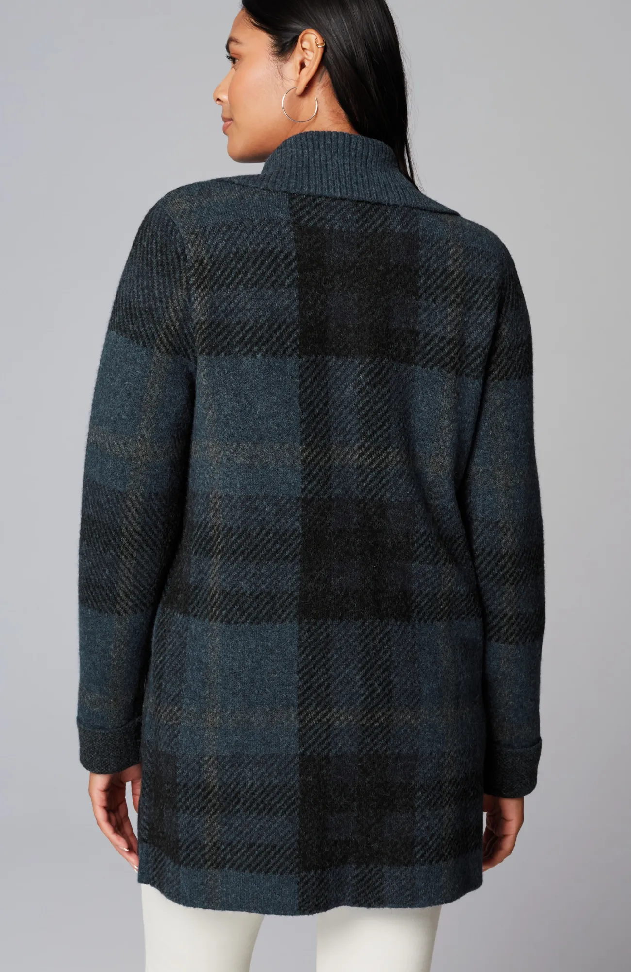 J.Jill Ribbed-Collar Plaid Sweater-Jacket Dark Blue Heather Multi Online