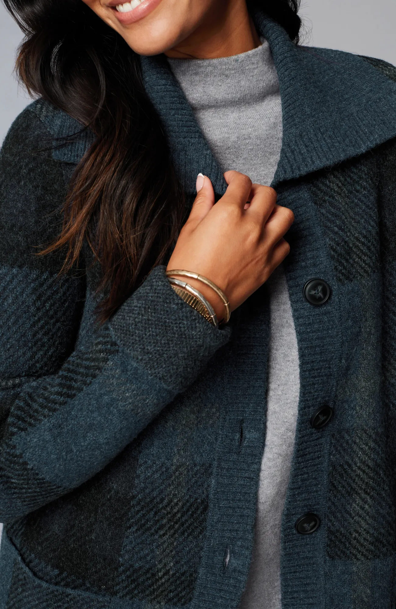 J.Jill Ribbed-Collar Plaid Sweater-Jacket Dark Blue Heather Multi Online