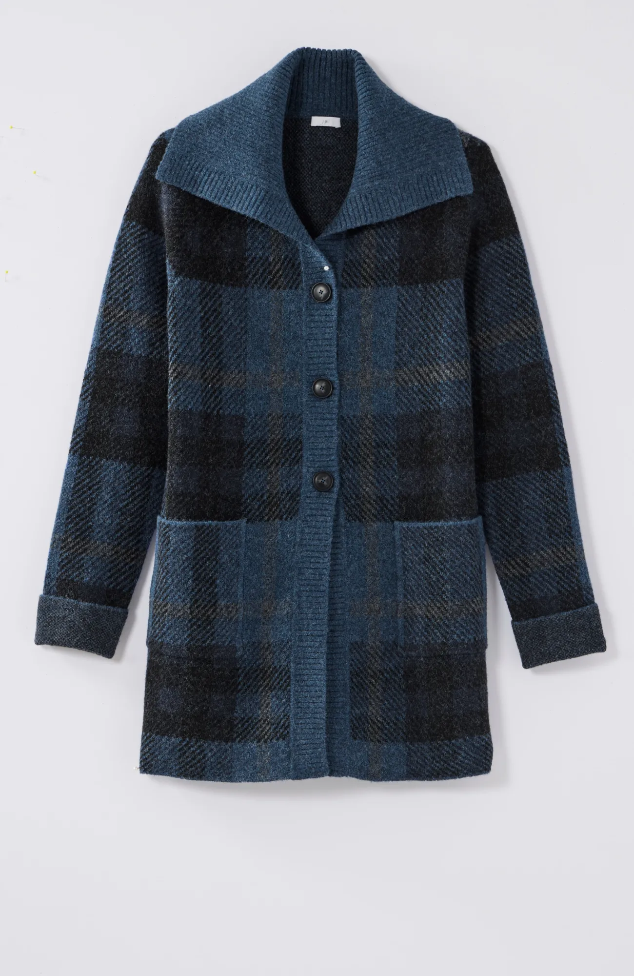 J.Jill Ribbed-Collar Plaid Sweater-Jacket Dark Blue Heather Multi Online