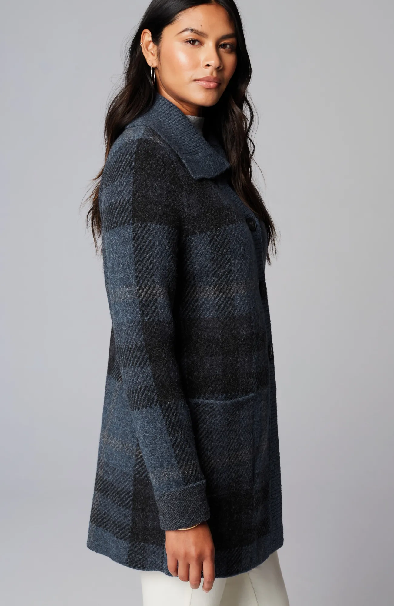 J.Jill Ribbed-Collar Plaid Sweater-Jacket Dark Blue Heather Multi Online