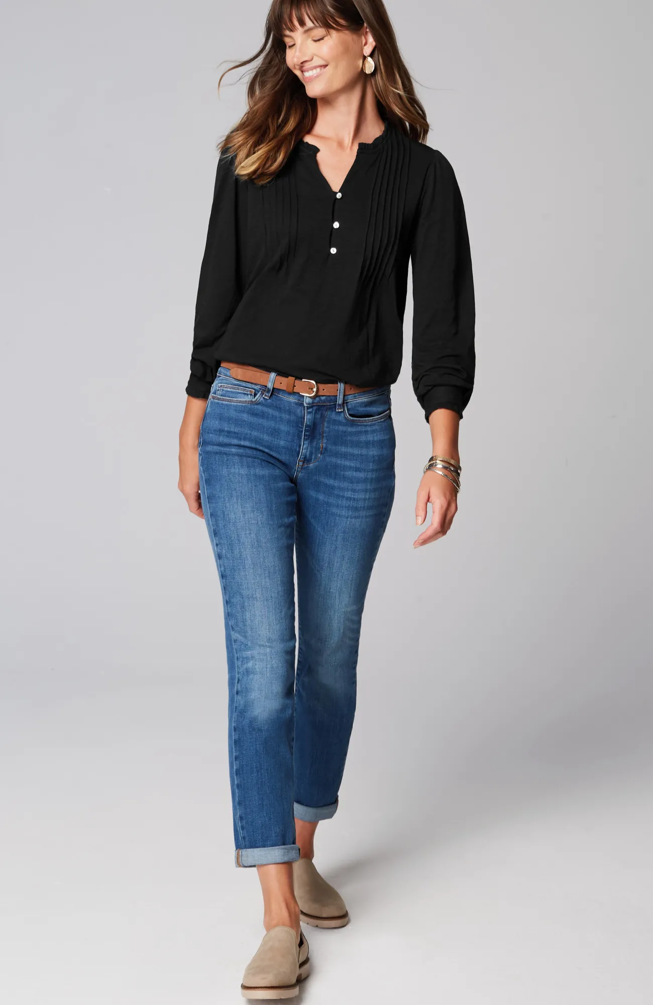 J.Jill Ruffle-Trim Pintucked Tunic Black Cheap