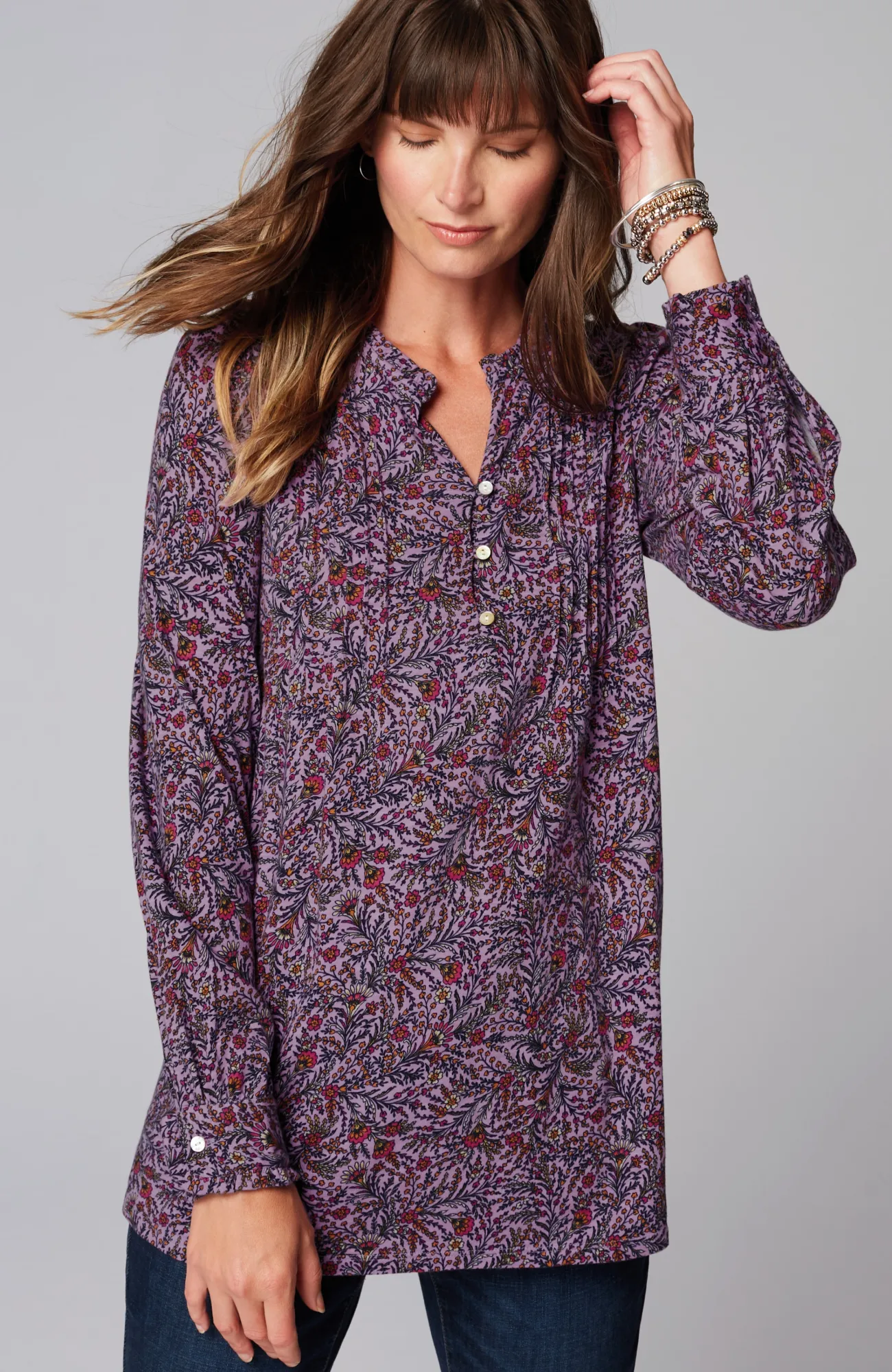 J.Jill Ruffle-Trim Pintucked Tunic Amethyst Playful Ferns Cheap