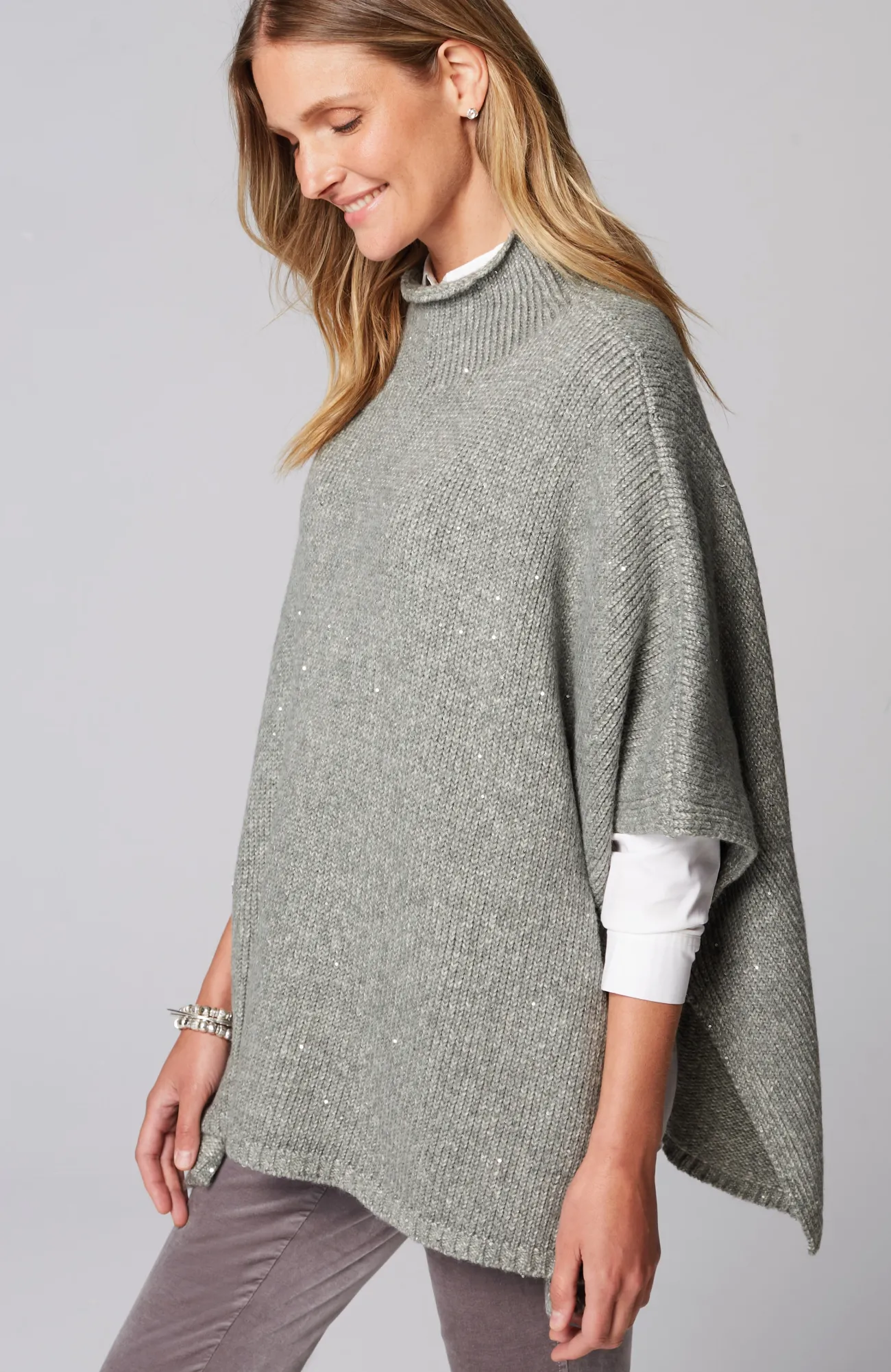 J.Jill Sequin Sweater-Knit Poncho Dark Grey Heather Cheap
