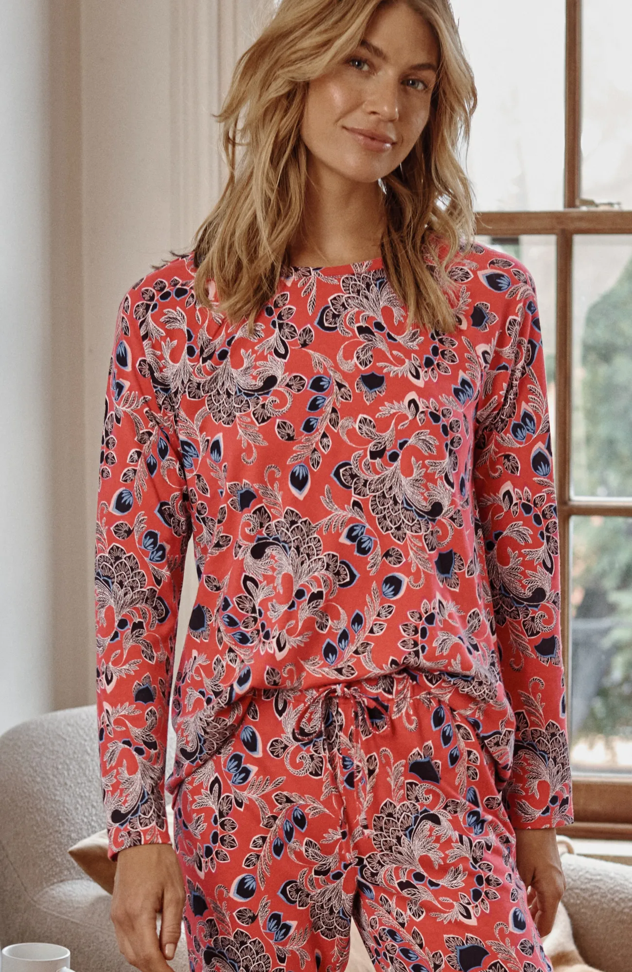 J.Jill Sleep Ultrasoft Raglan-Sleeve Top Soft Red Feathery Floral New