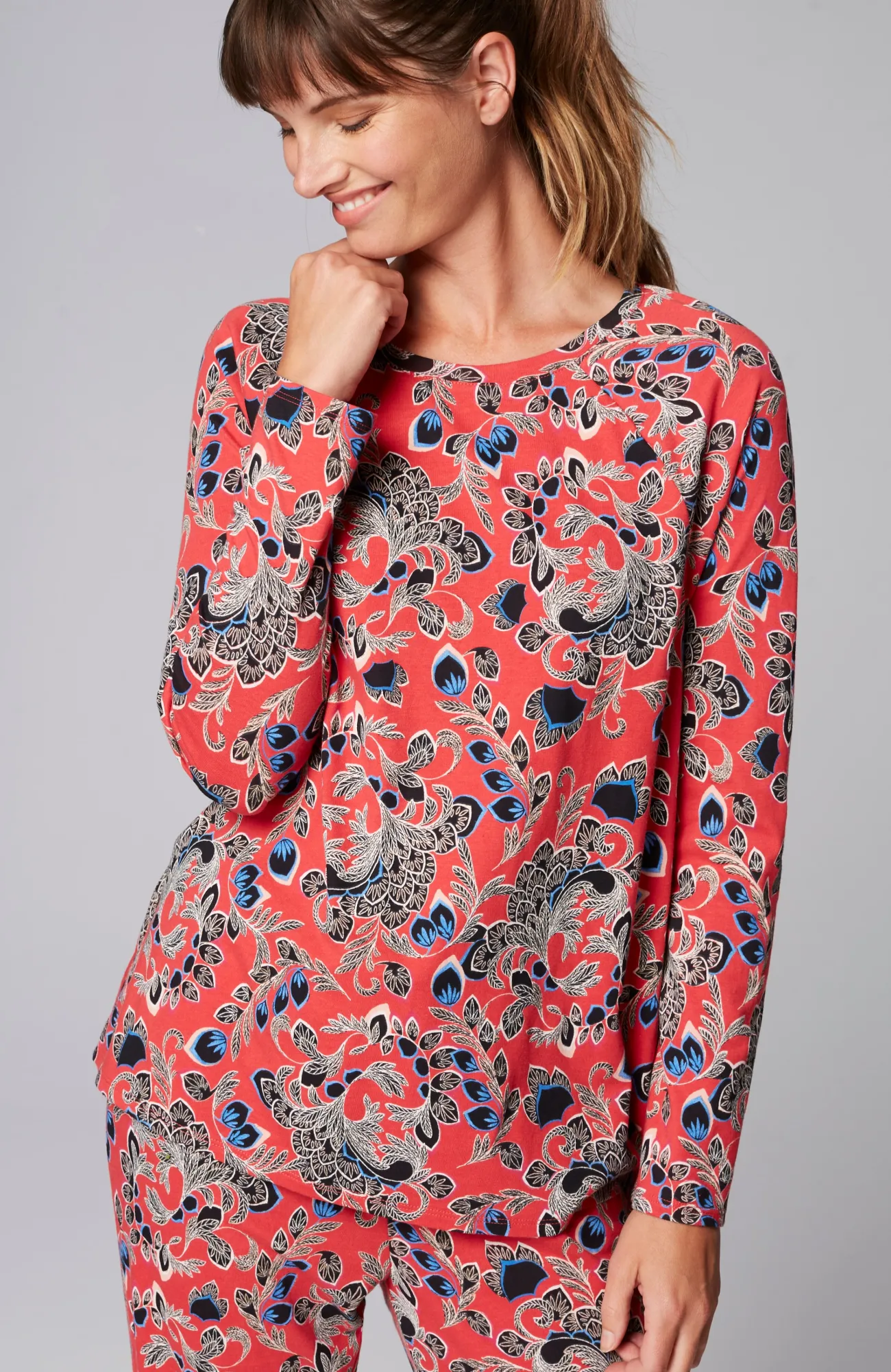 J.Jill Sleep Ultrasoft Raglan-Sleeve Top Soft Red Feathery Floral New