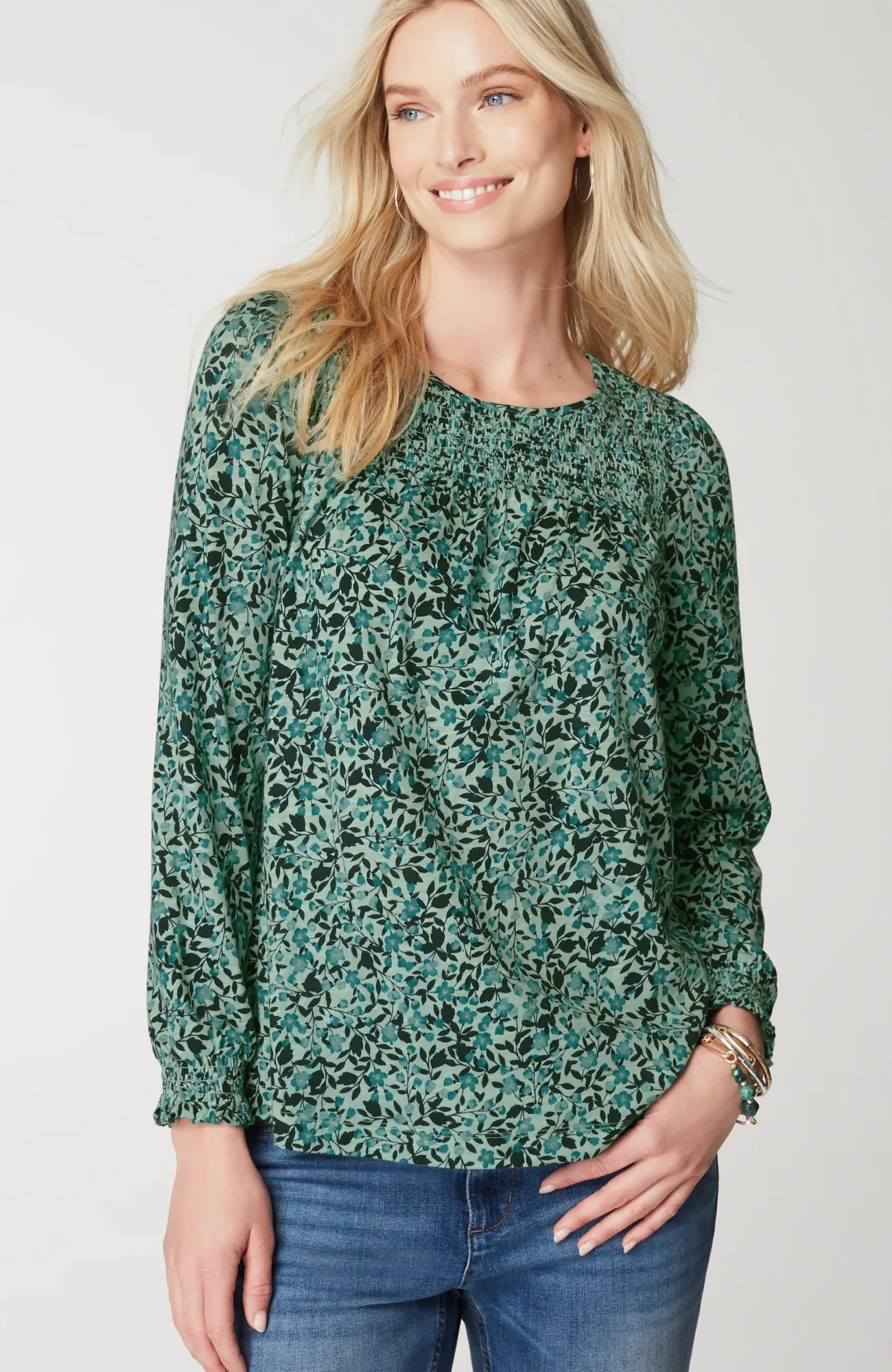 J.Jill Smocked Floral Top Sweet Agave Clustered Flowers Outlet