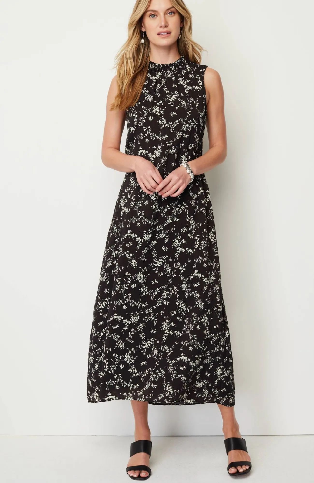 J.Jill Smocked-Neck Maxi Dress Black Delicate Daisies New