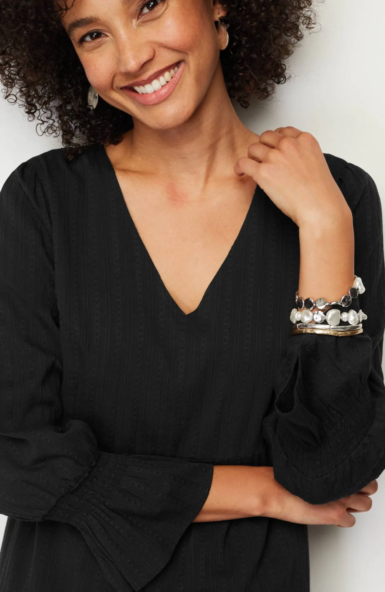 J.Jill Smocked-Sleeves Tiered Dress Black Best Sale