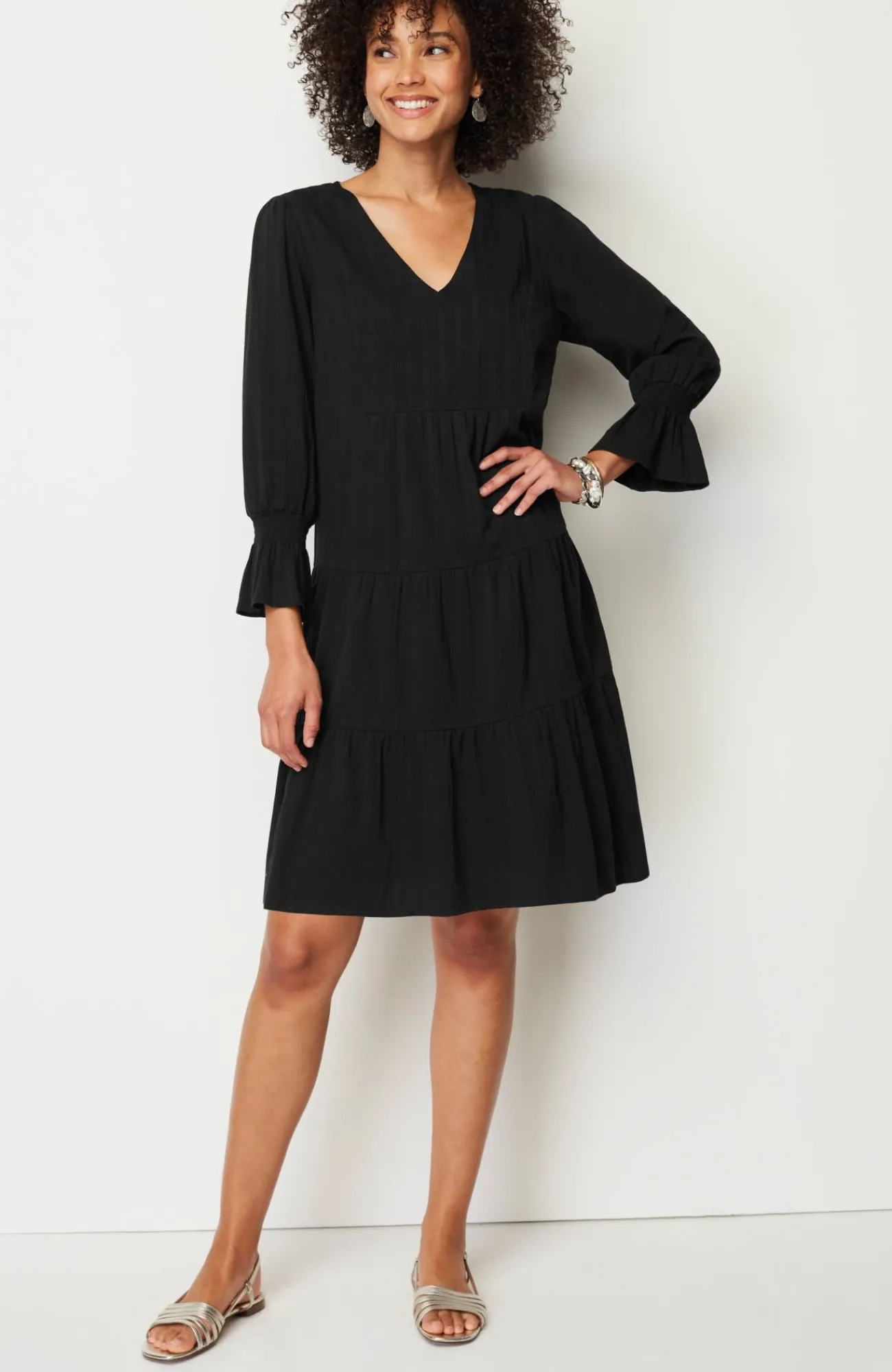 J.Jill Smocked-Sleeves Tiered Dress Black Best Sale