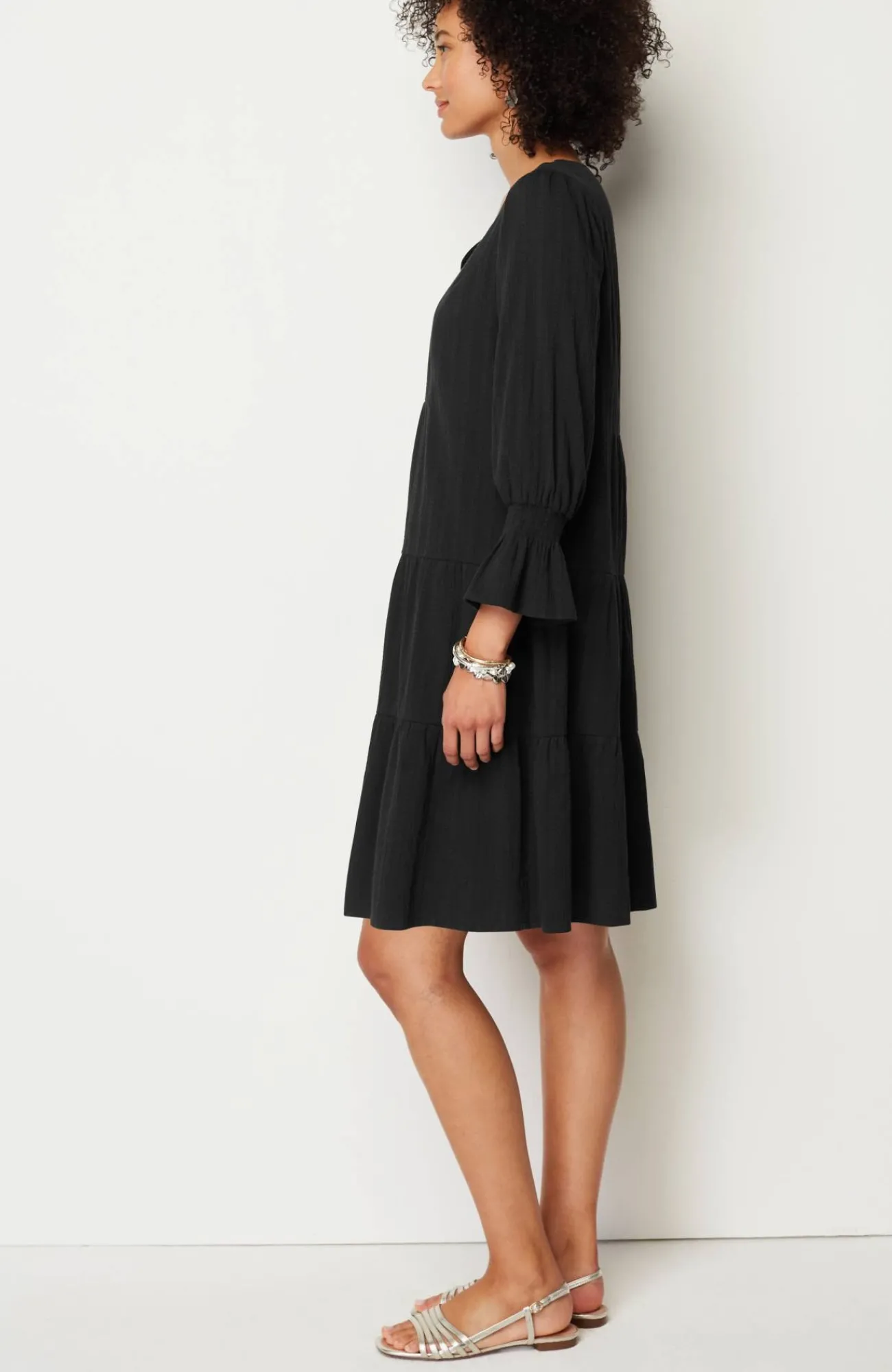 J.Jill Smocked-Sleeves Tiered Dress Black Best Sale