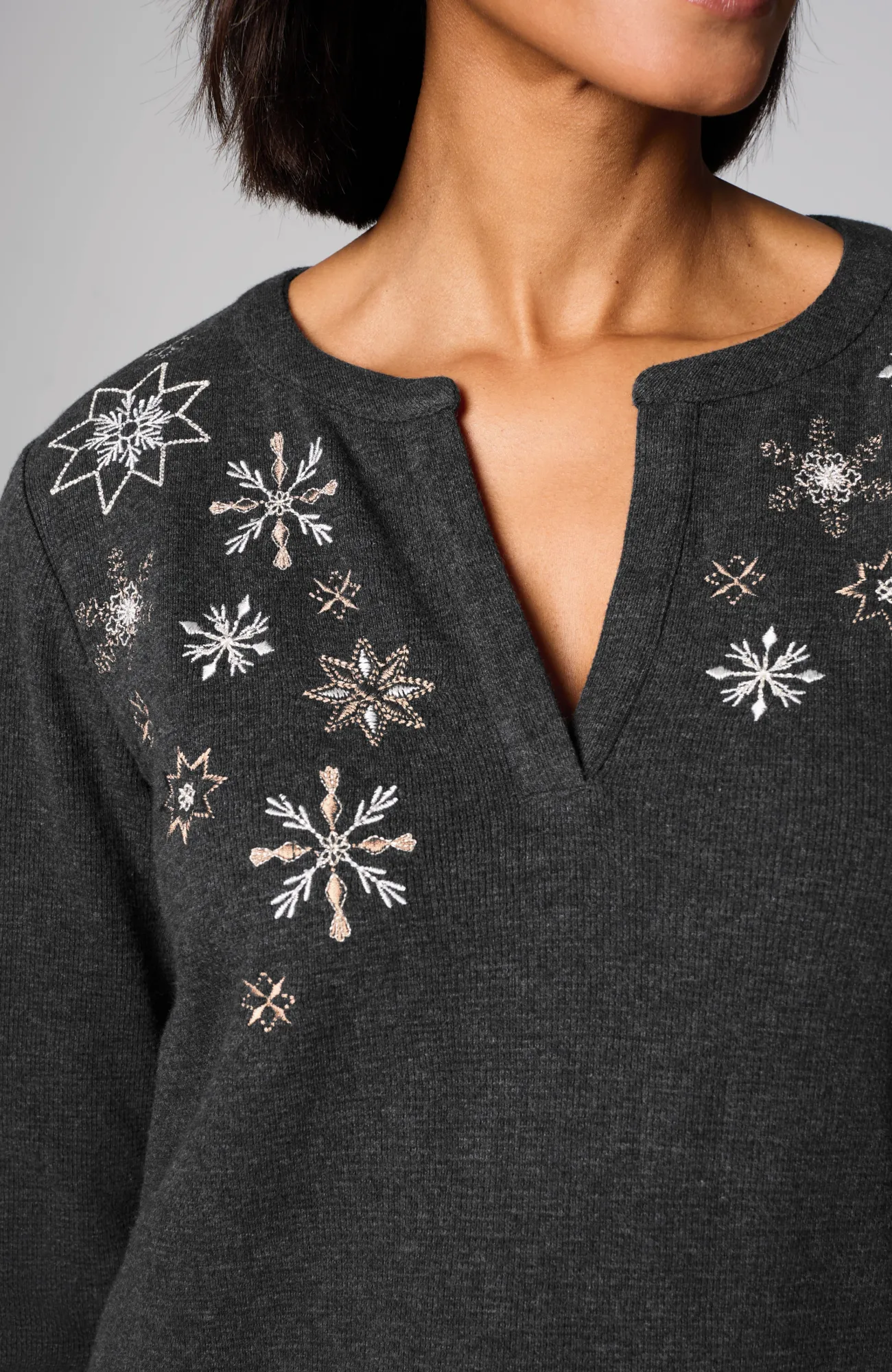 J.Jill Snowflake-Embroidered Waffle-Textured Top Dark Charcoal Heather Multi Outlet
