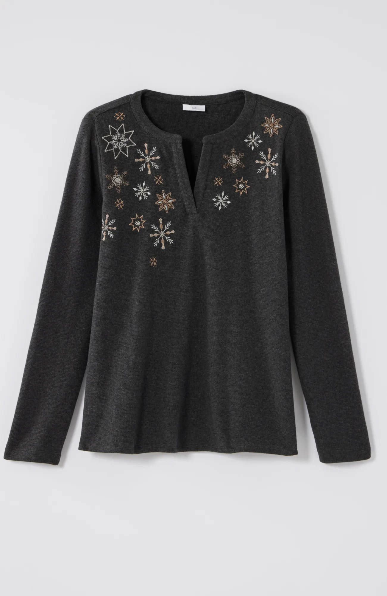 J.Jill Snowflake-Embroidered Waffle-Textured Top Dark Charcoal Heather Multi Outlet