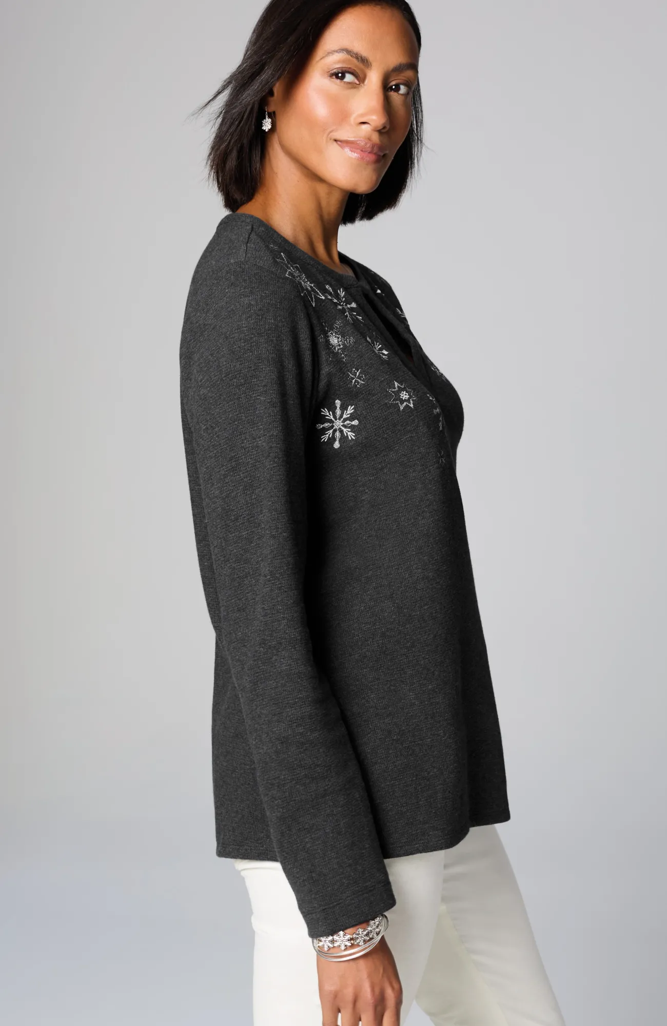 J.Jill Snowflake-Embroidered Waffle-Textured Top Dark Charcoal Heather Multi Outlet