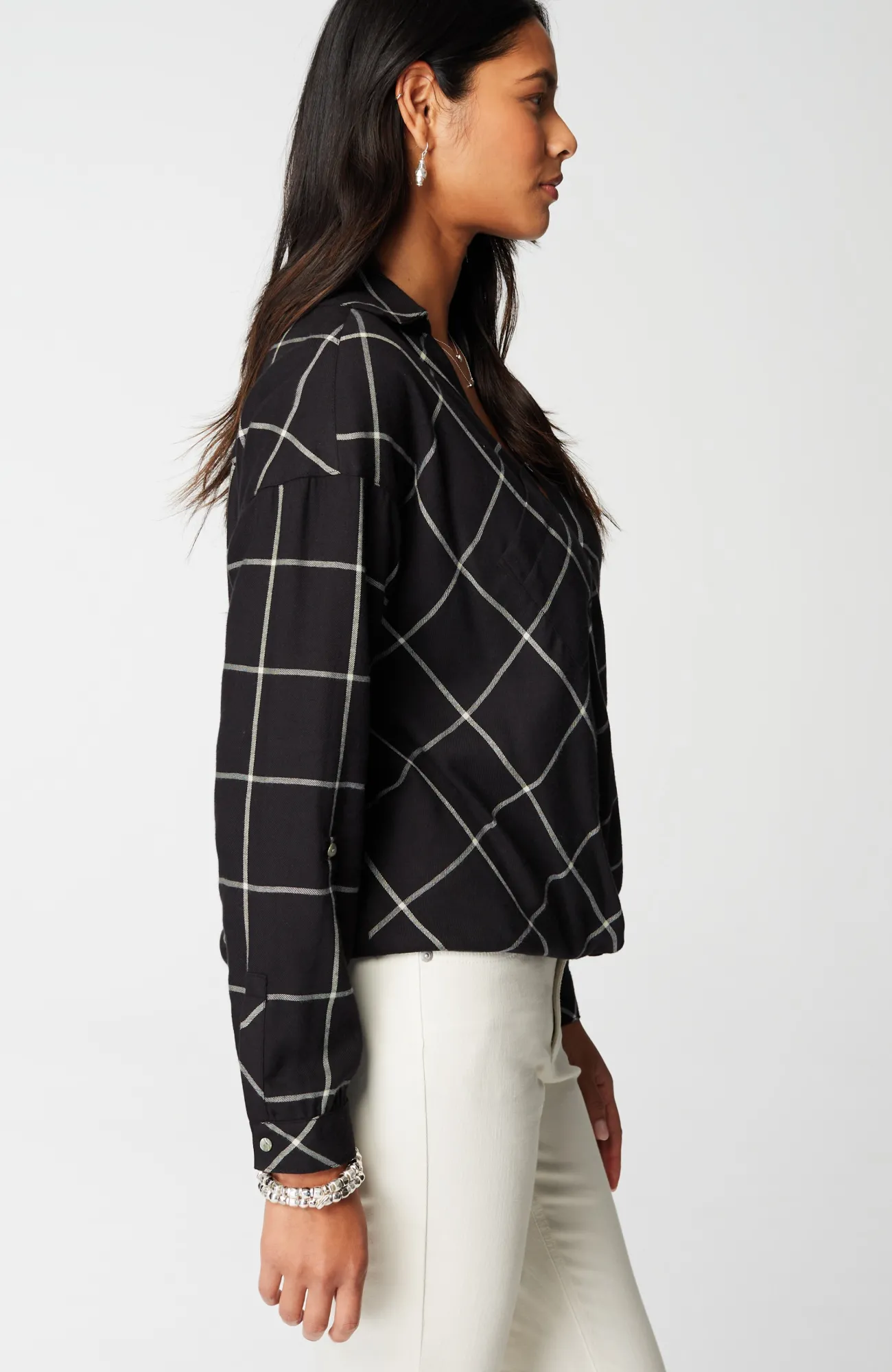 J.Jill Soft-Brushed Plaid Twist-Front Shirt Black/cream Best Sale