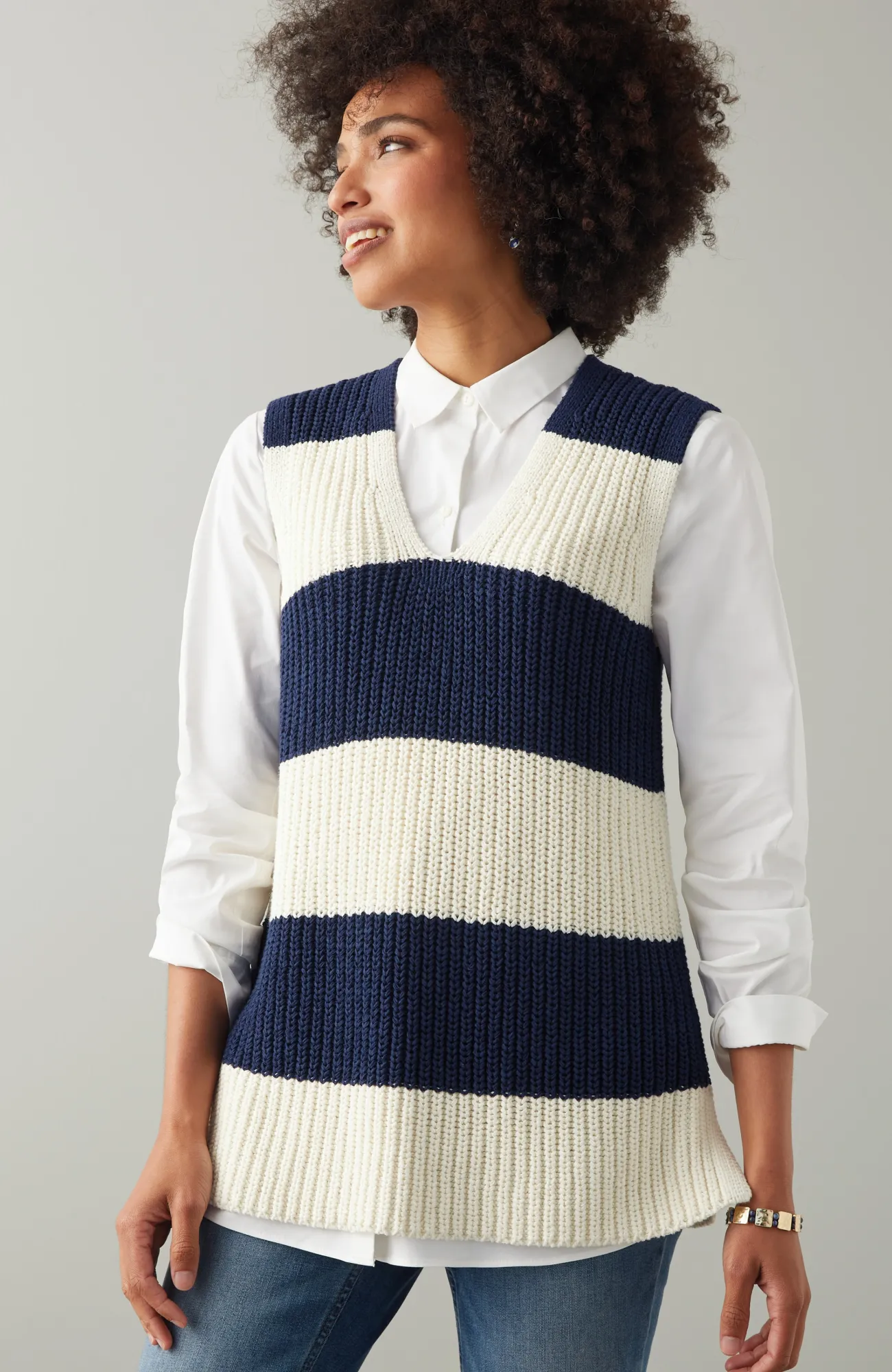 J.Jill Striped Pullover Vest True Navy/cream Fashion