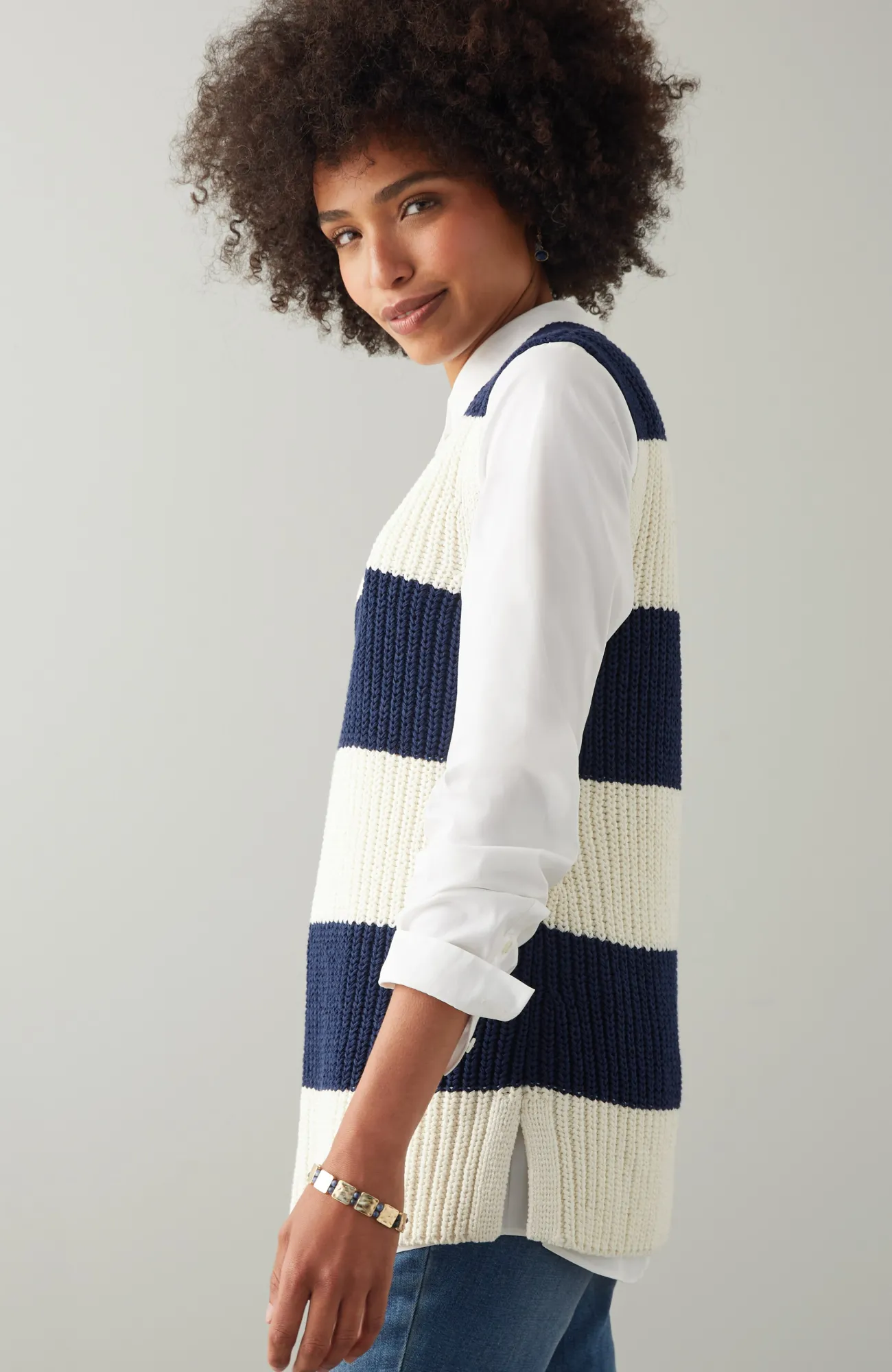 J.Jill Striped Pullover Vest True Navy/cream Fashion