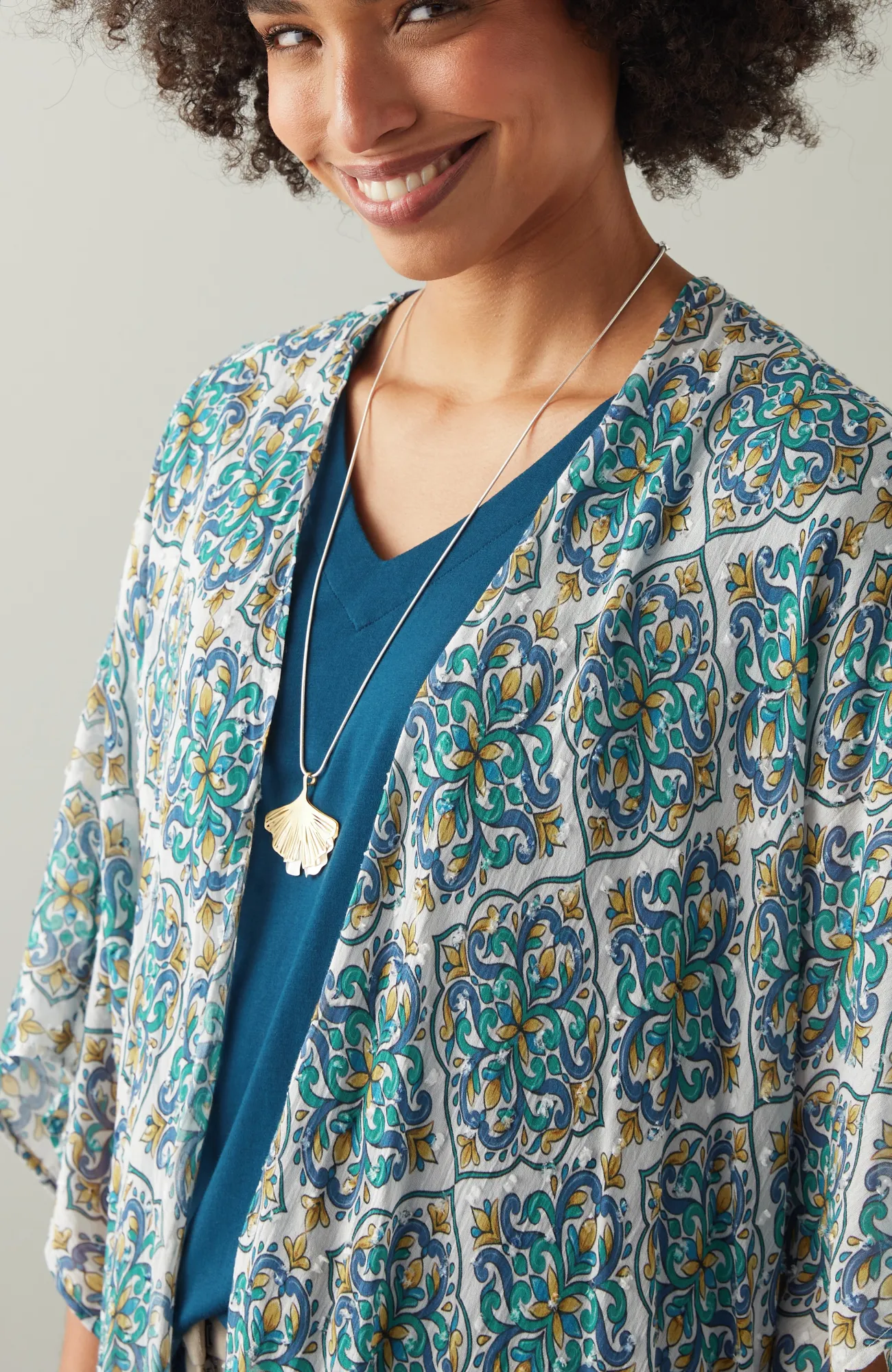 J.Jill Tasseled-Border Geo Ruana Blue Topaz Multi Best