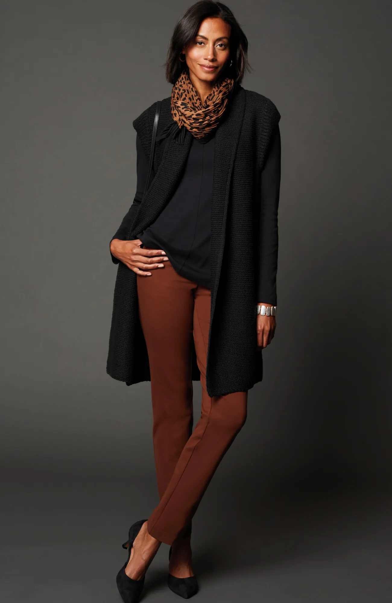 J.Jill Textured Long Gilet Vest Tamarind Fashion