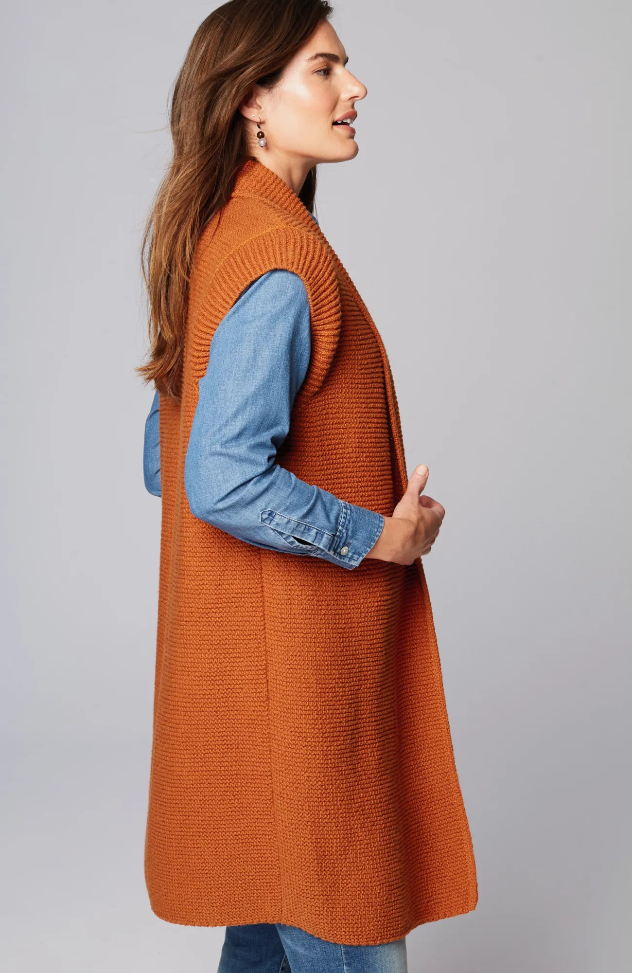 J.Jill Textured Long Gilet Vest Tamarind Fashion