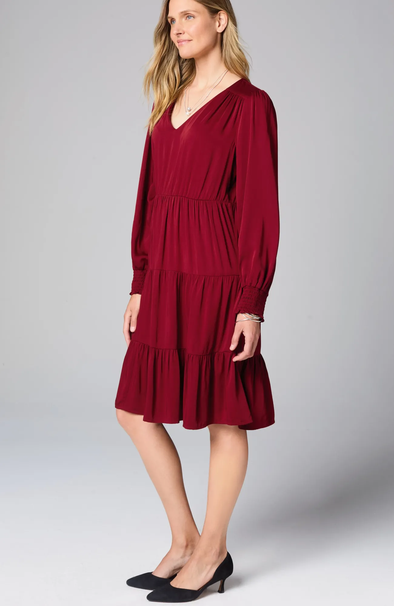 J.Jill Tiered Smocked-Sleeve Dress Crimson Cheap