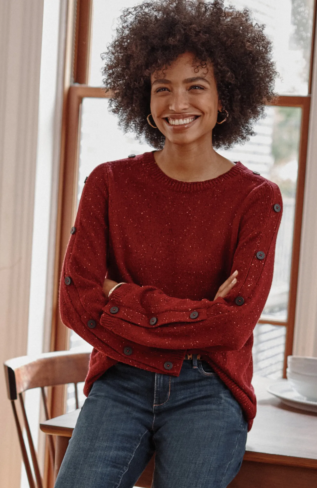 J.Jill Tweed Buttoned-Sleeve Sweater Fashion