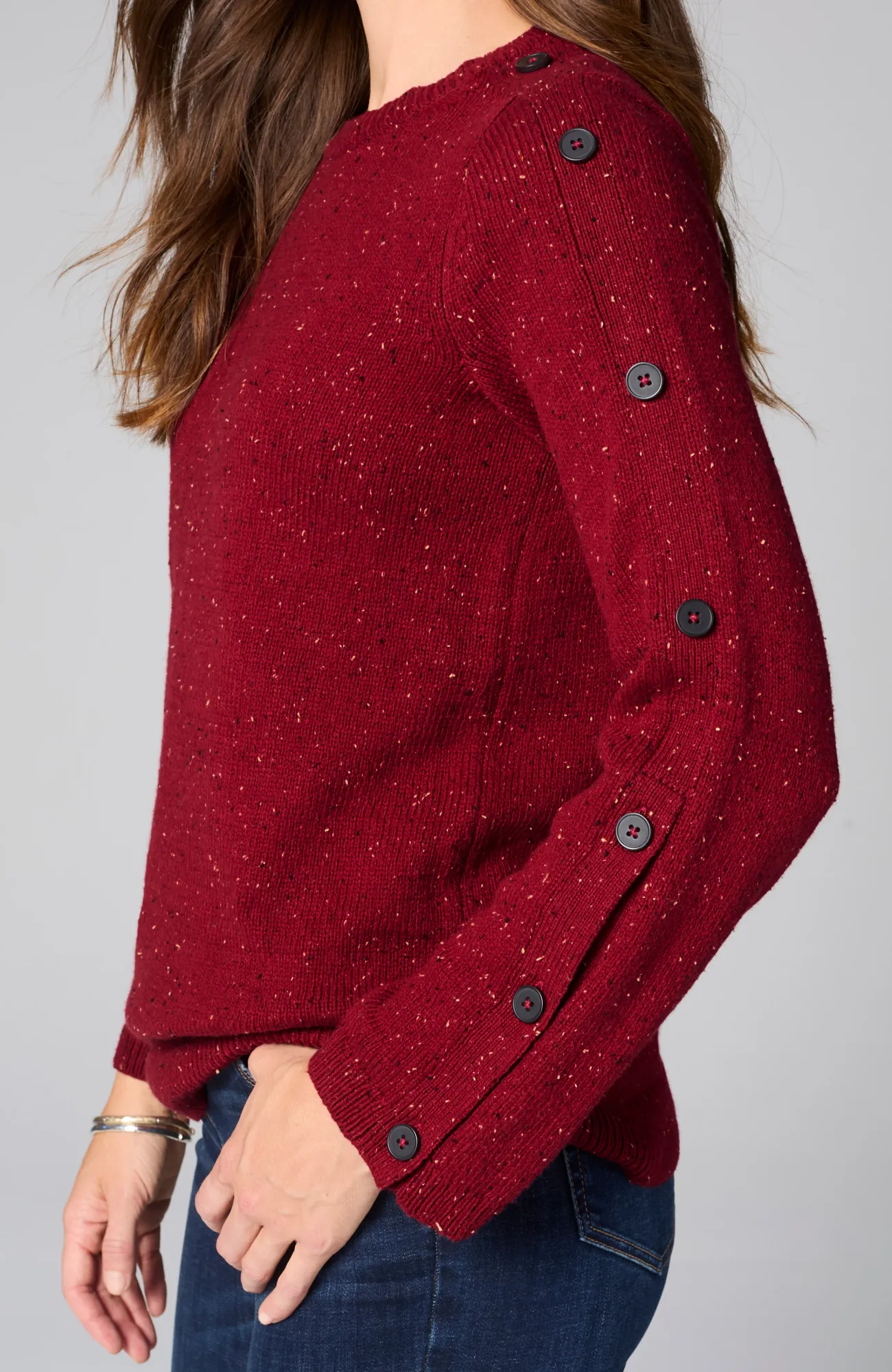 J.Jill Tweed Buttoned-Sleeve Sweater Fashion